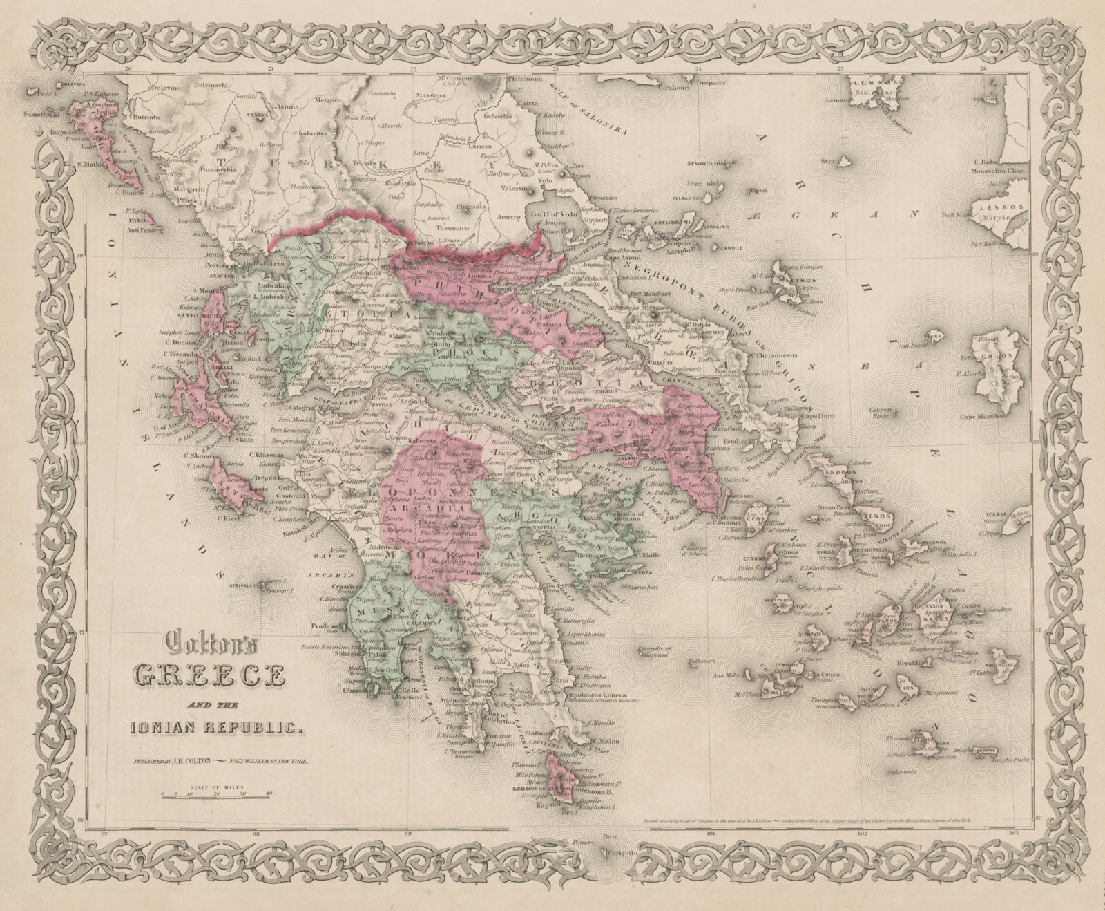 "Colton's Greece and the Ionian Republic". Cyclades Aegean Sporades 1863 map