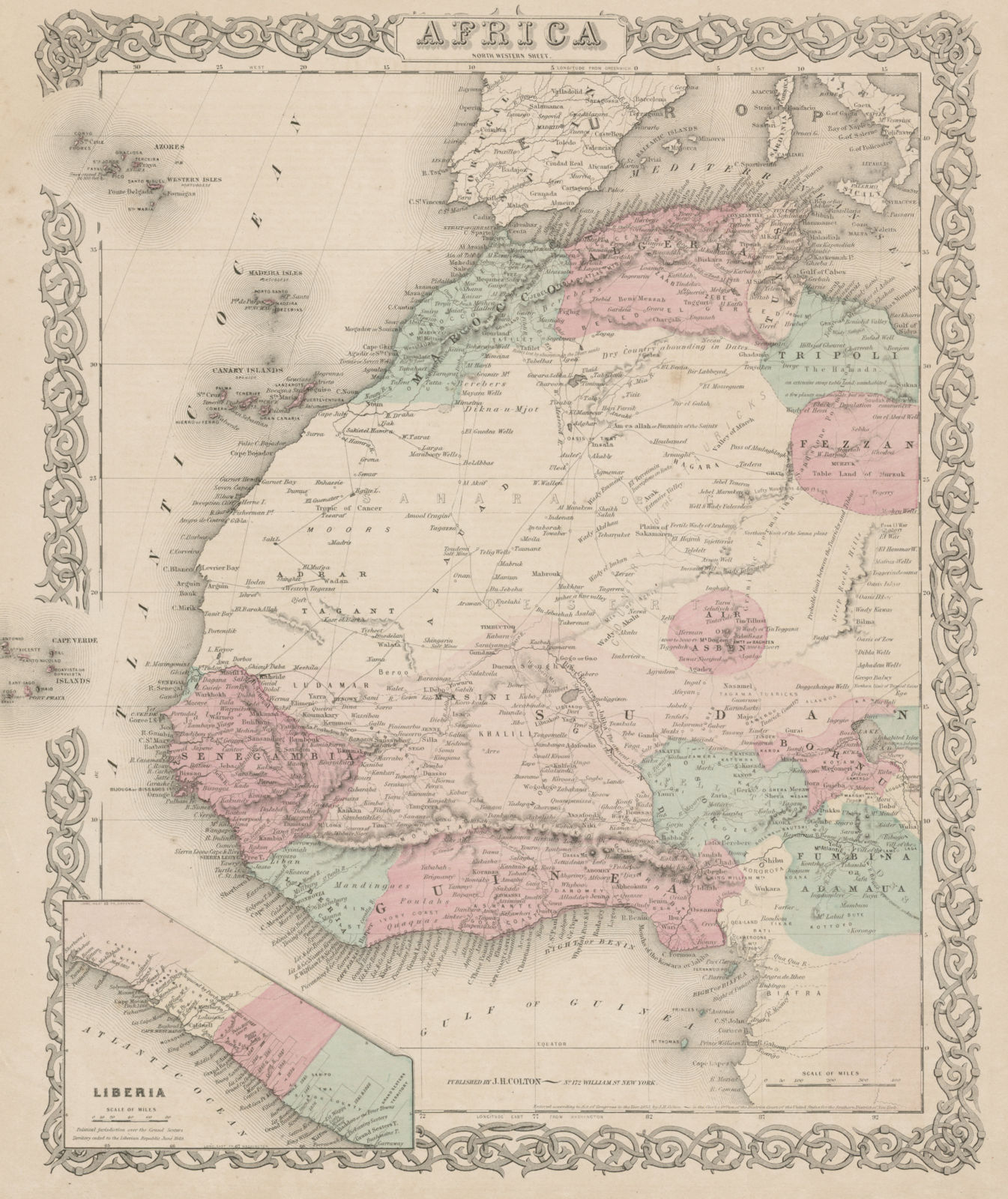 Associate Product North west Africa. Liberia inset. Sahara Senegambia Guinea. COLTON 1863 map