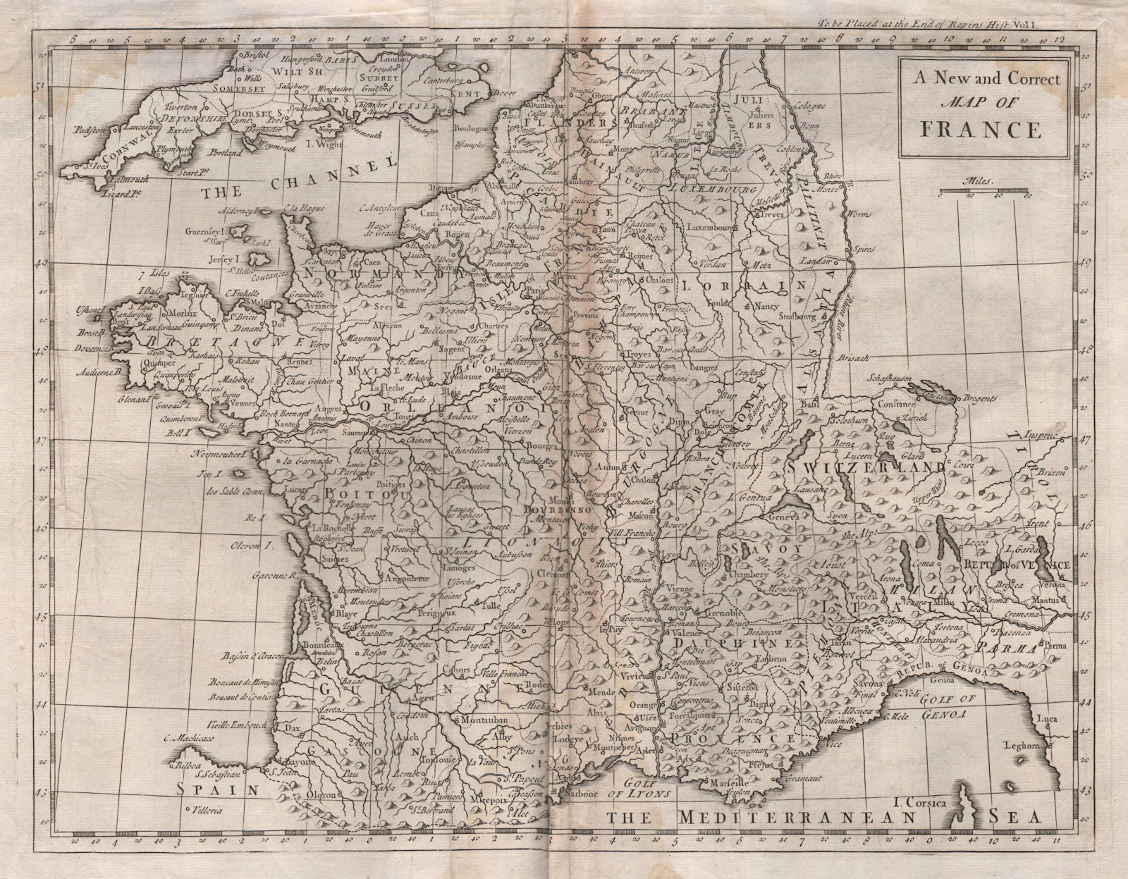 A New and Correct map of France. TINDAL c1745 old antique plan chart