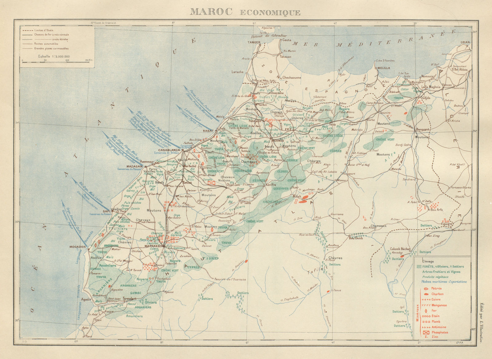 FRENCH MOROCCO ECONOMIC/RESOURCES Maroc Protectorat français economique 1931 map