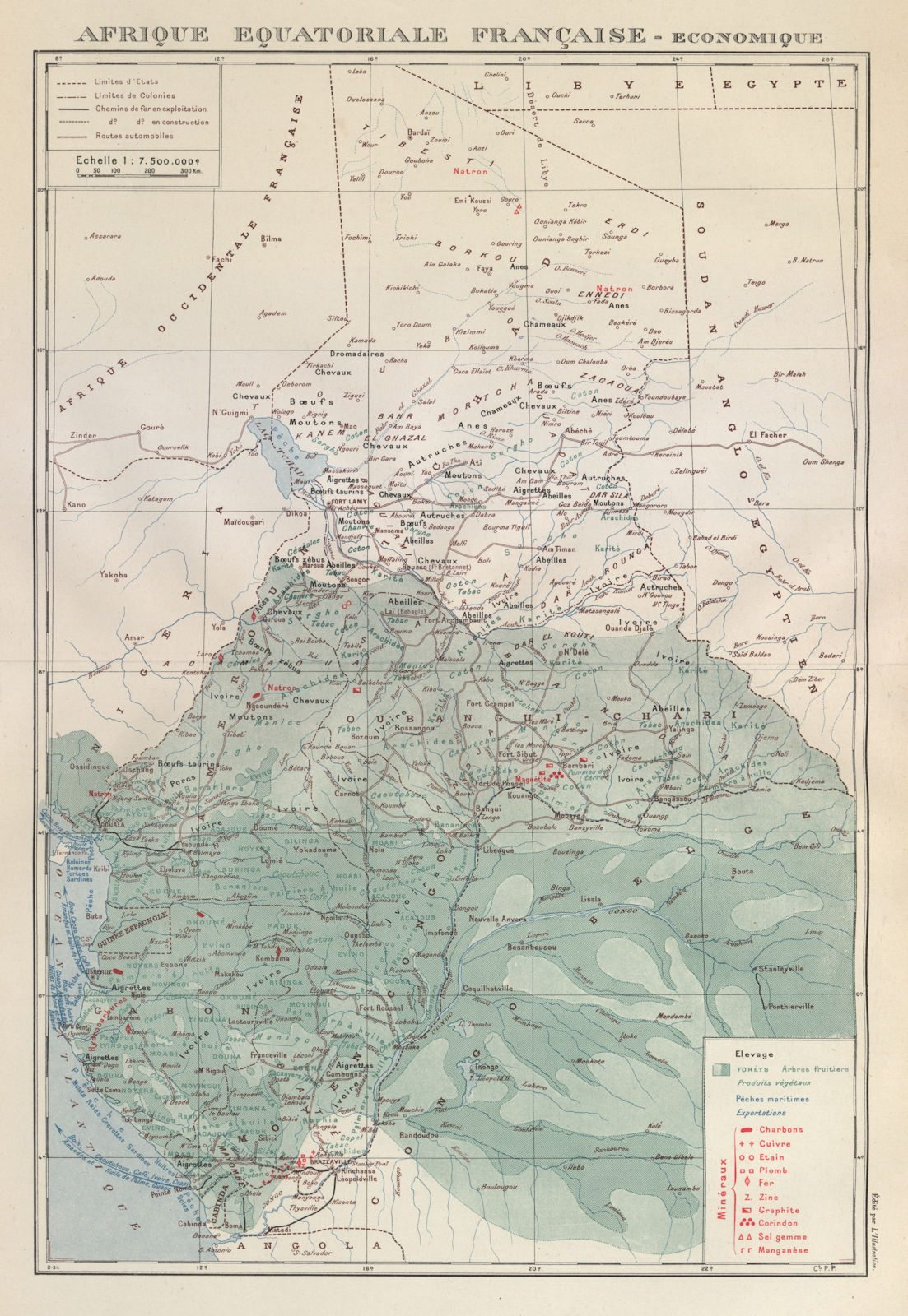 FRENCH EQUATORIAL AFRICA. Afrique équatoriale française. Resources 1931 map
