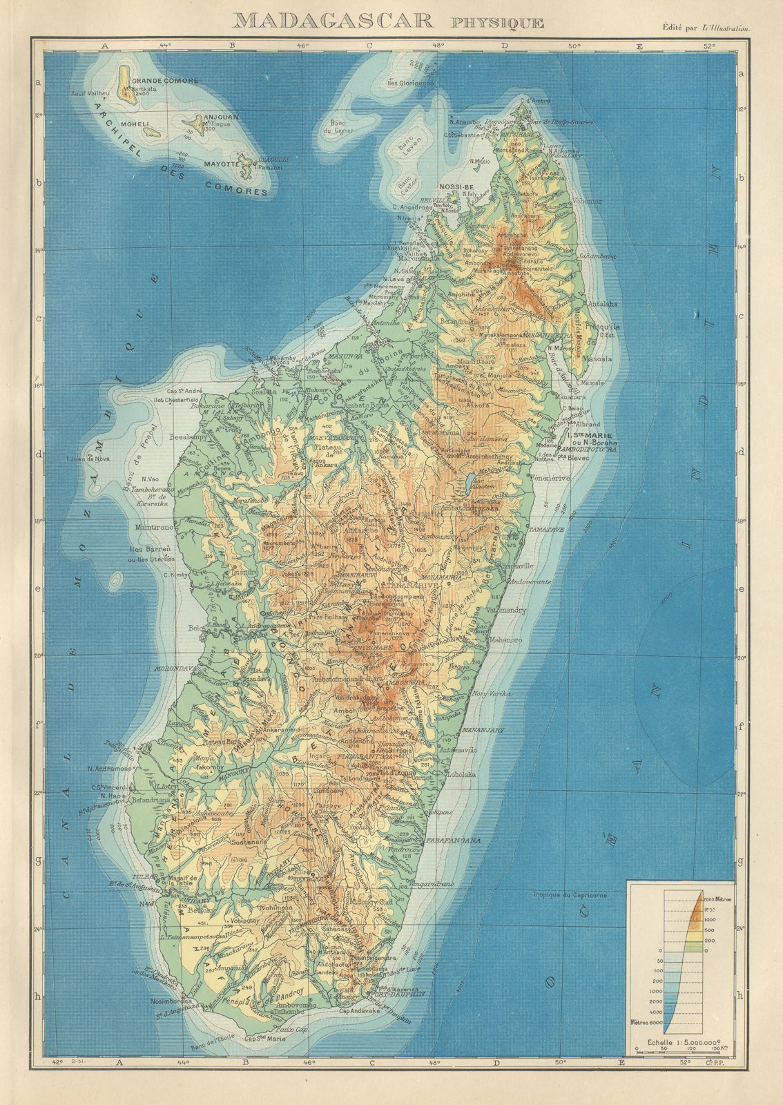 Associate Product COLONIAL MADAGASCAR. Physique physical. Comoros & Mayotte 1931 old vintage map