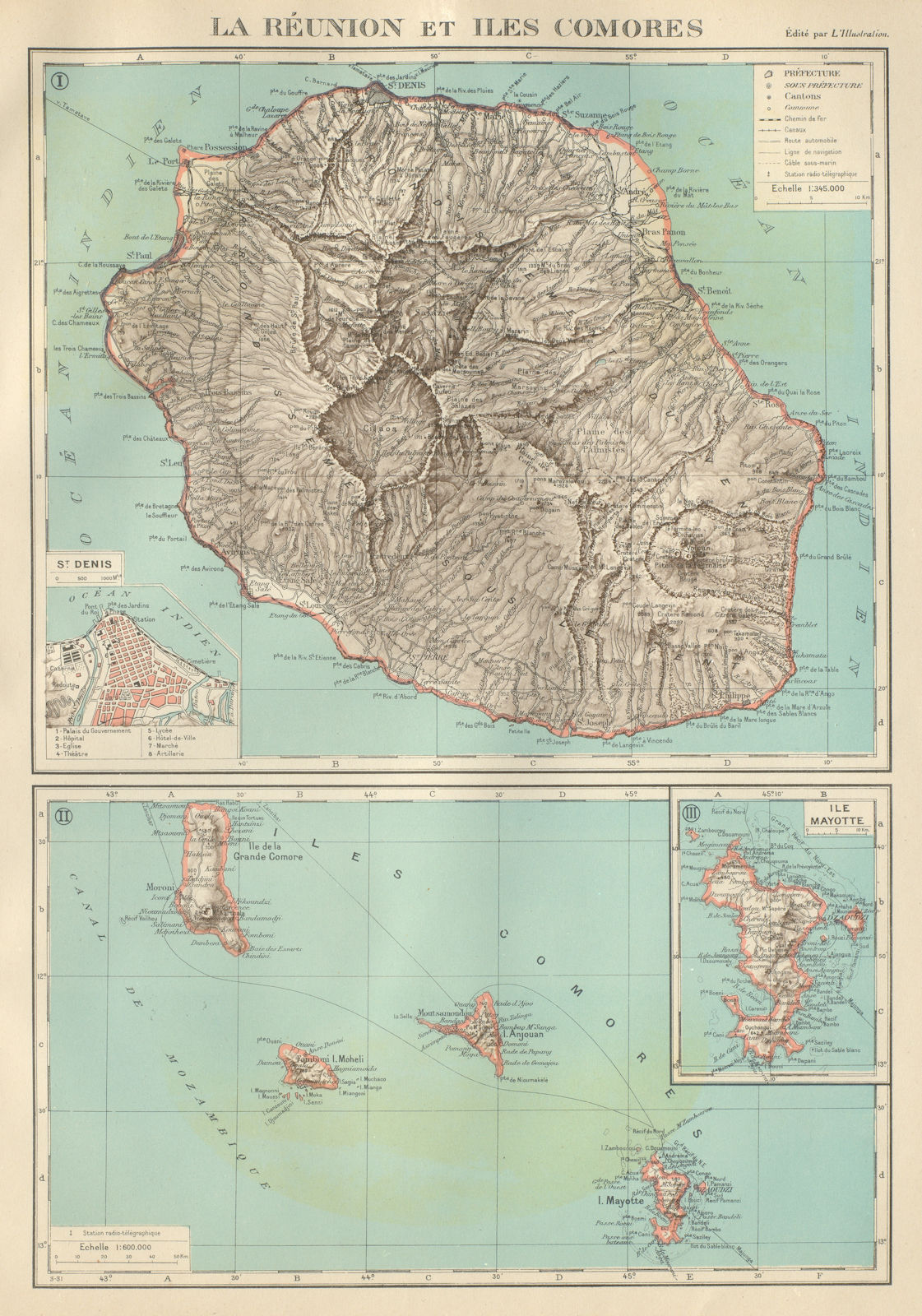 Associate Product FRENCH INDIAN OCEAN ISLANDS La Réunion Comores/Comoros Mayotte St Denis 1931 map