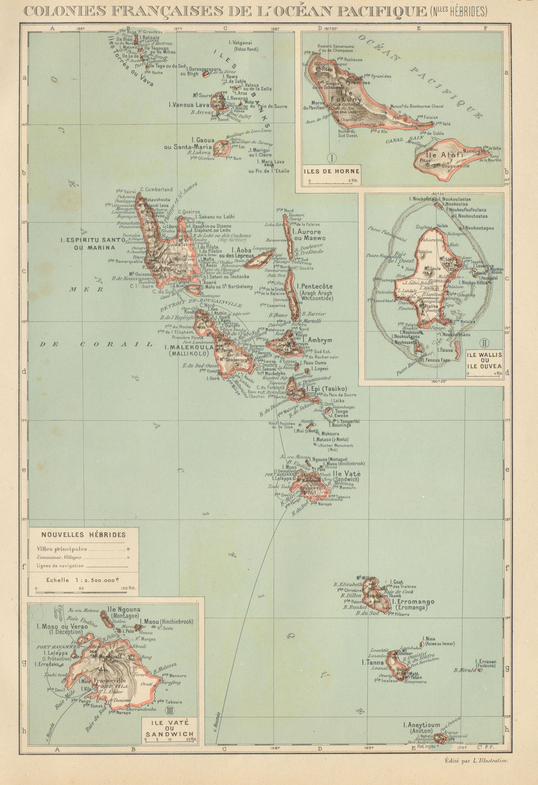 COLONIAL VANUATU. Nouvelles/New Hebrides. Efate Wallis & Futuna. Uvea 1931 map