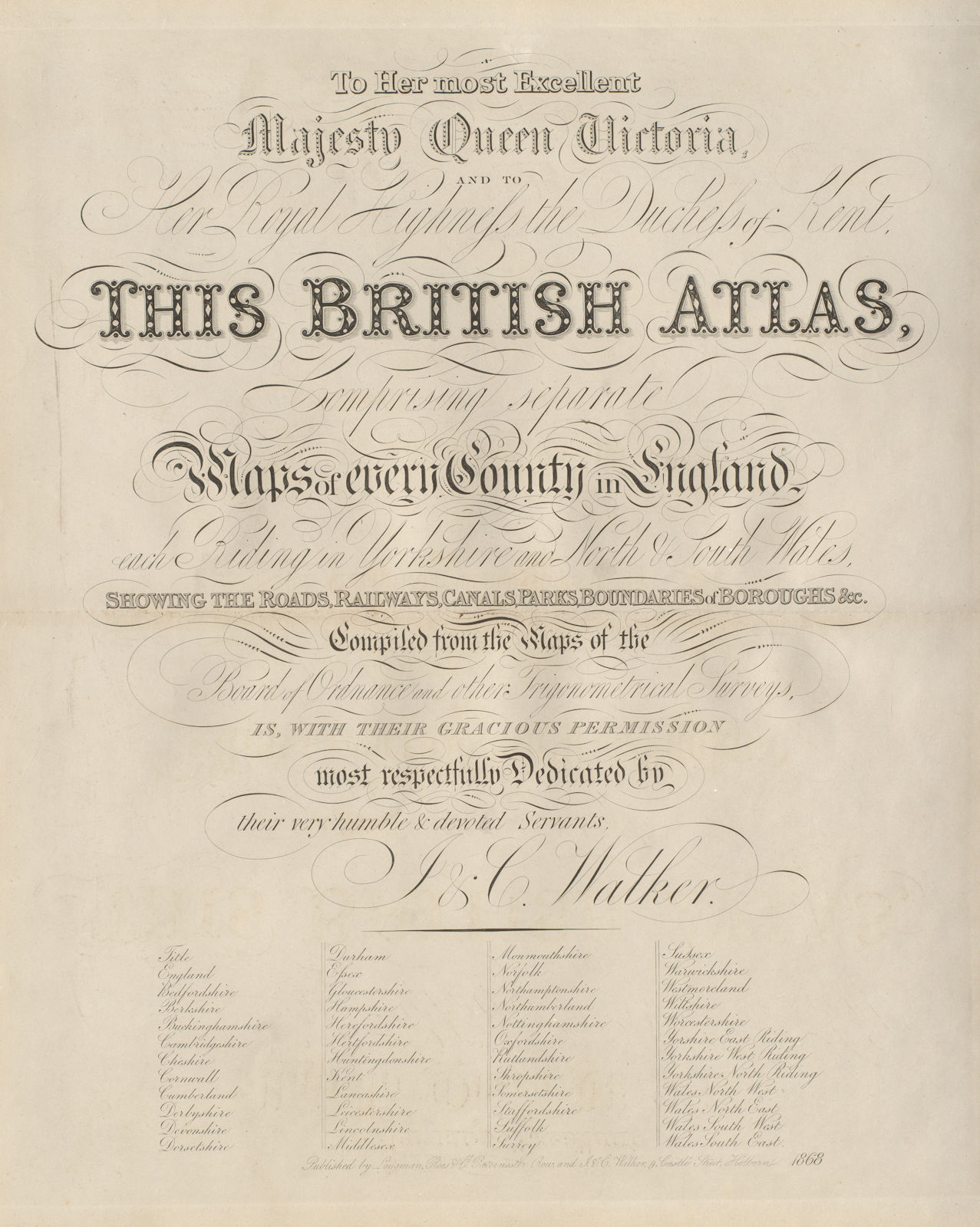 Walker's British Atlas - Frontispiece - title page 1868 old antique print
