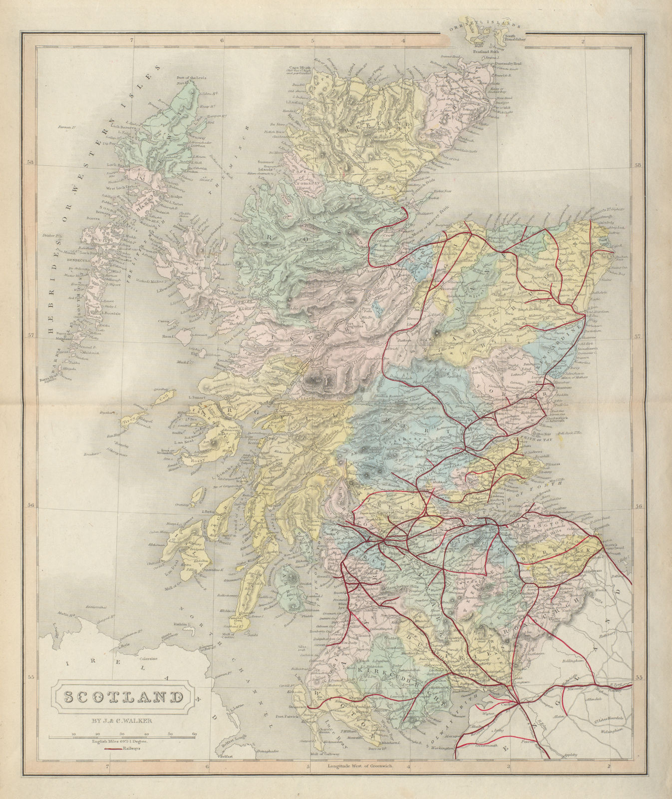Scotland antique map by J & C Walker. Railways & counties 1868 old