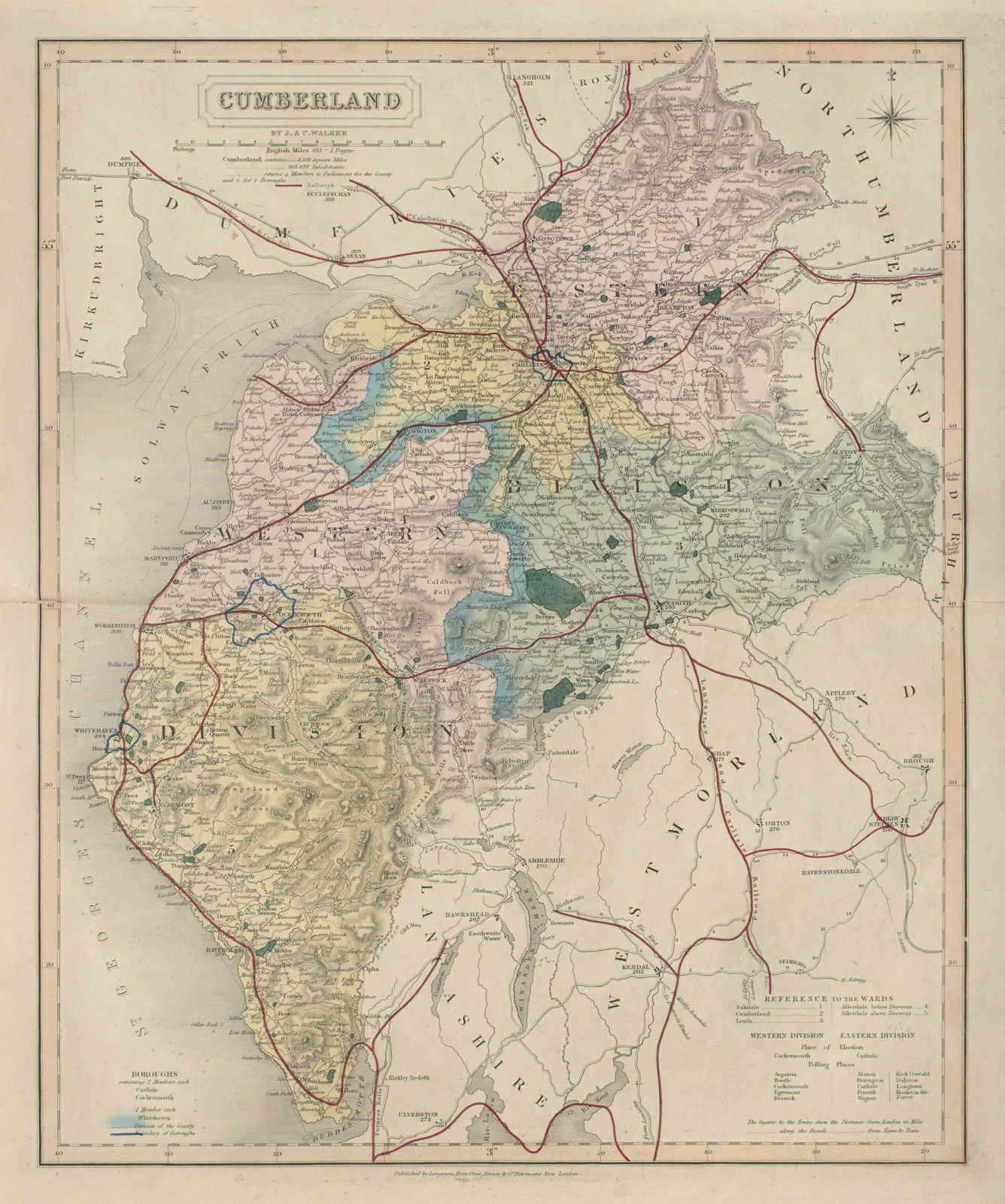 Cumberland  antique county map by J & C Walker. Railways & boroughs 1868