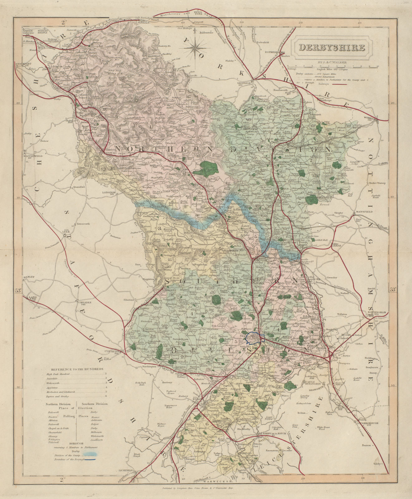 Derbyshire antique county map by J & C Walker. Railways & boroughs 1868