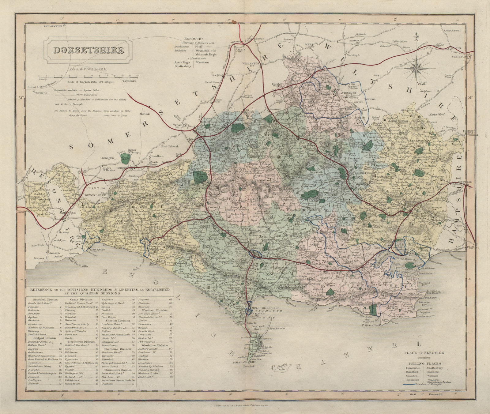Dorsetshire antique county map by J & C Walker. Railways & boroughs 1868