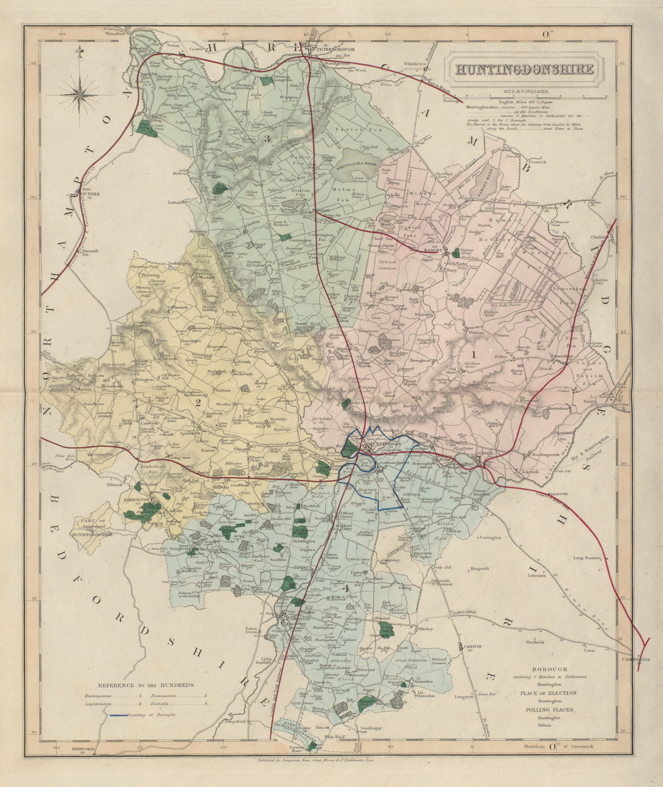 Huntingdonshire antique county map by J & C Walker. Railways & boroughs 1868