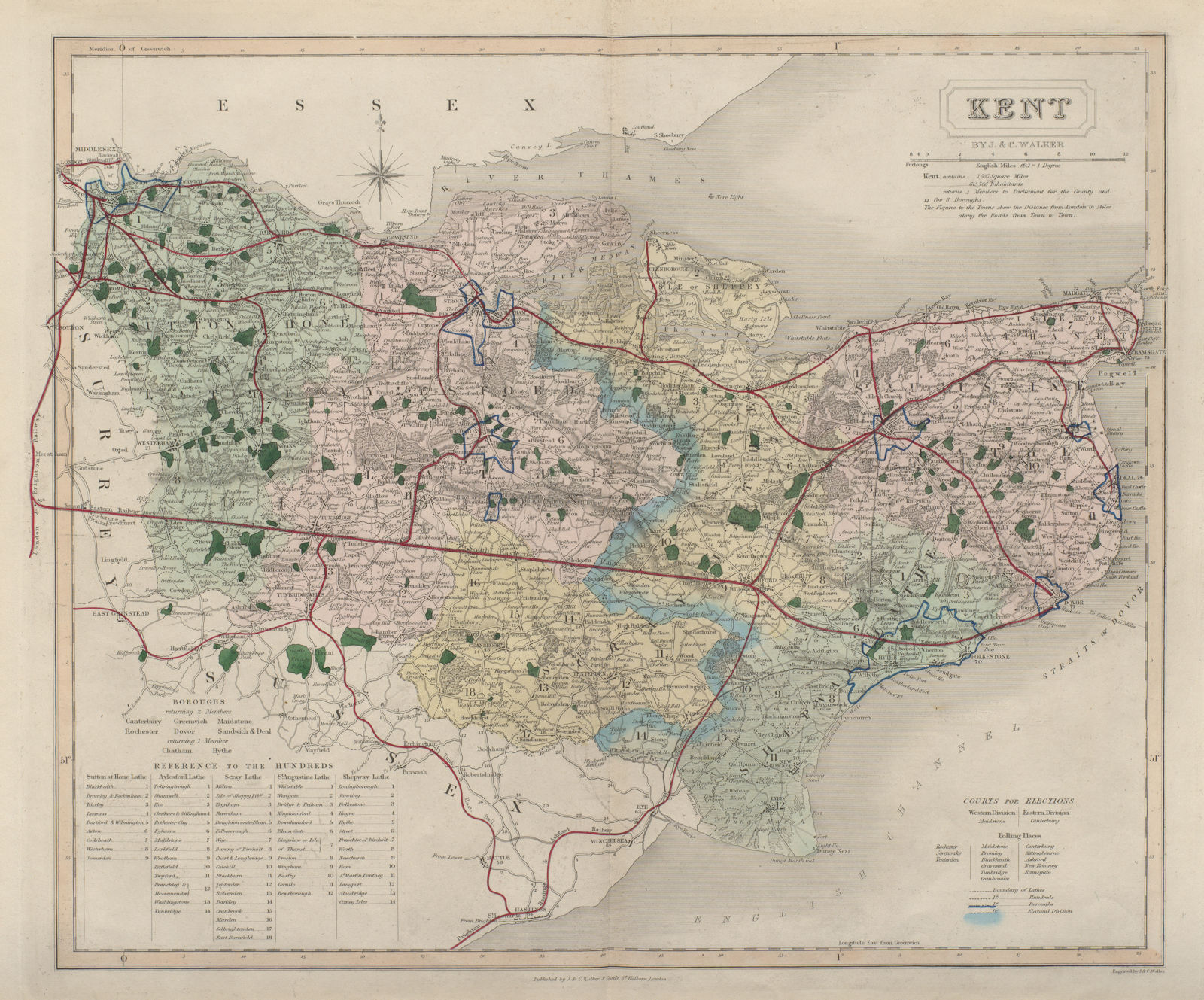 Kent  antique county map by J & C Walker. Railways & boroughs 1868 old
