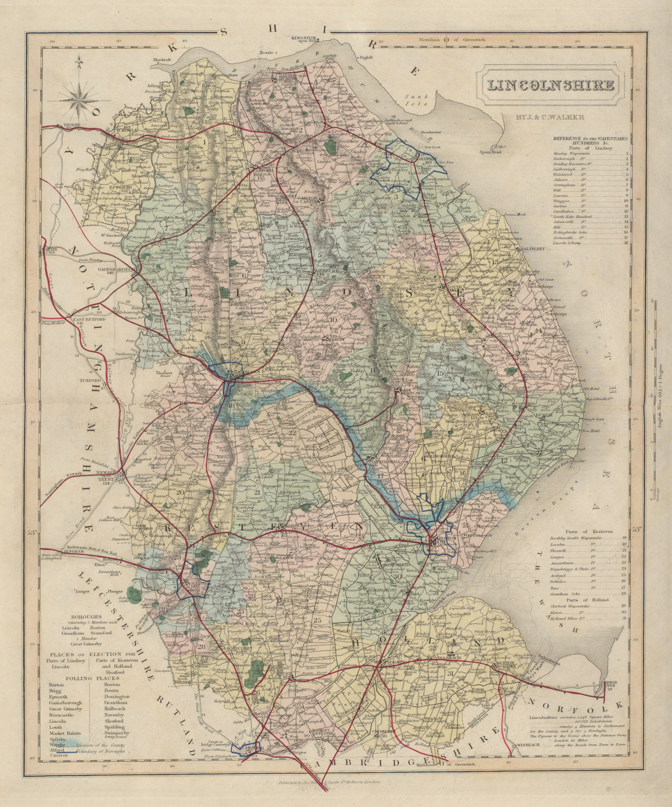 Associate Product Lincolnshire antique county map by J & C Walker. Railways & boroughs 1868