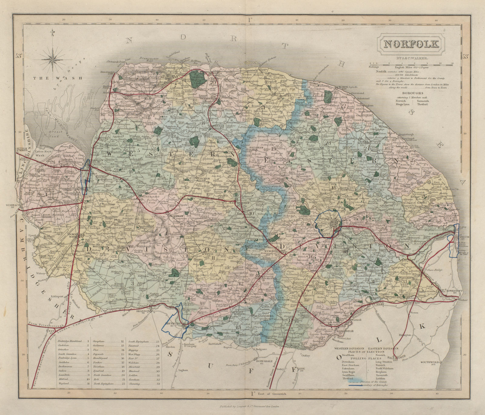 Norfolk antique county map by J & C Walker. Railways & boroughs 1868 old