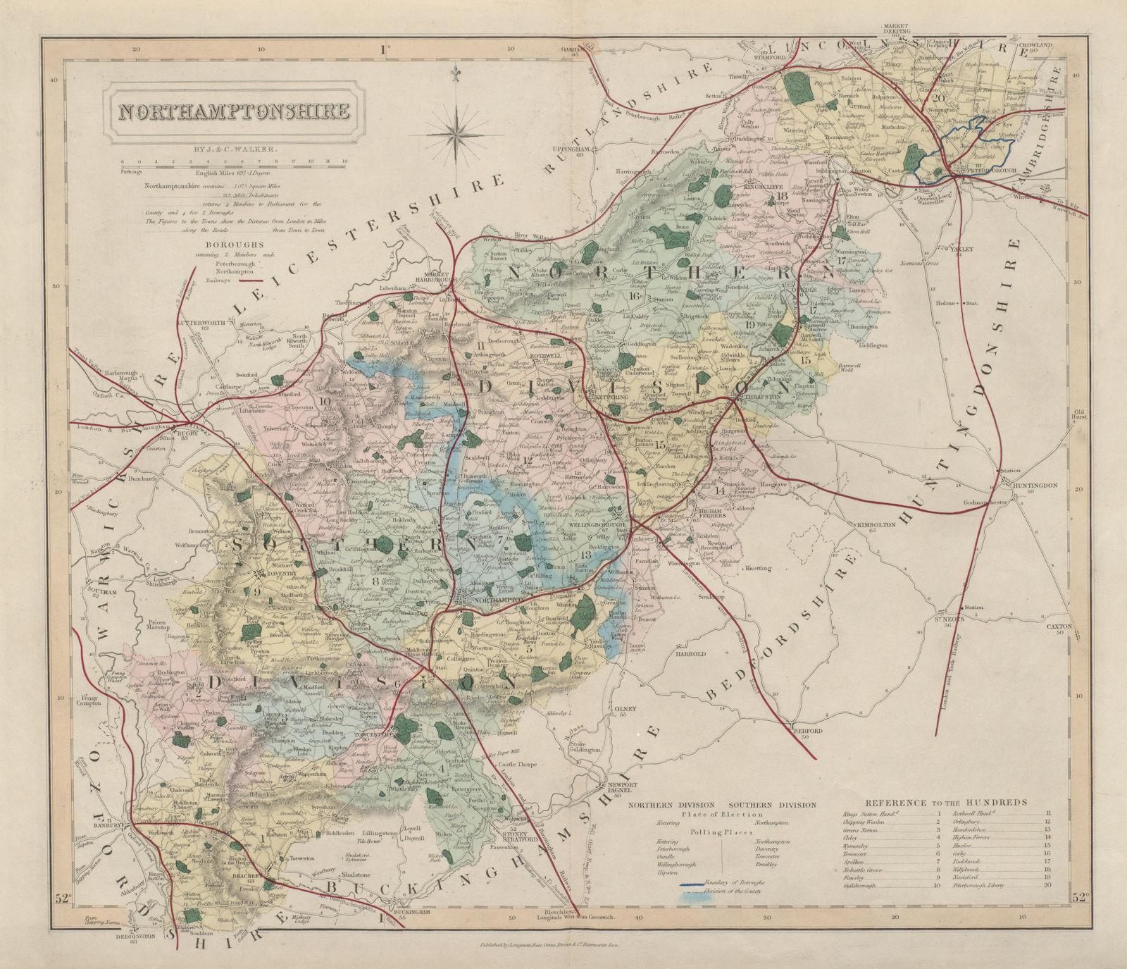 Northamptonshire antique county map by J&C Walker. Railways & boroughs 1868