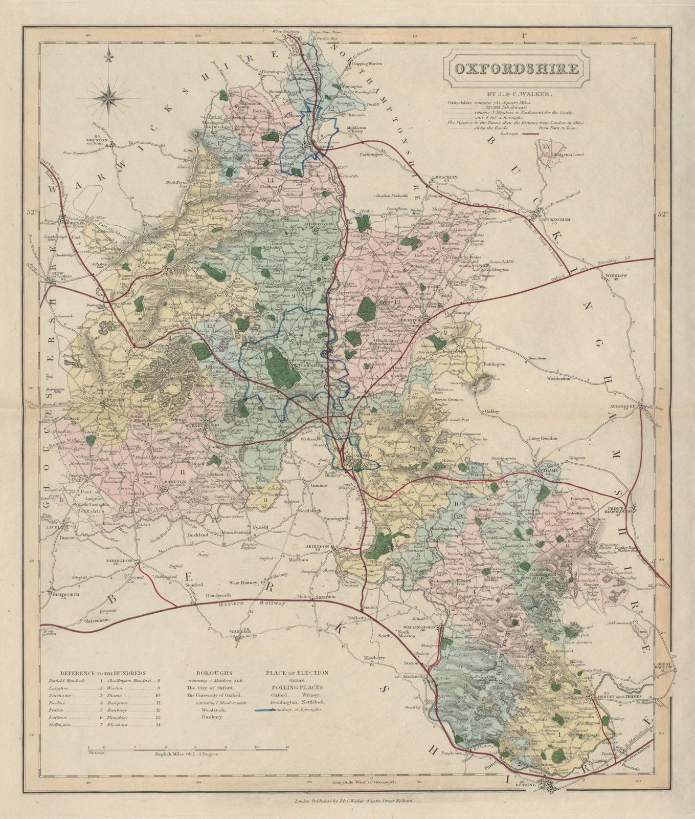 Associate Product Oxfordshire antique county map by J & C Walker. Railways & boroughs 1868