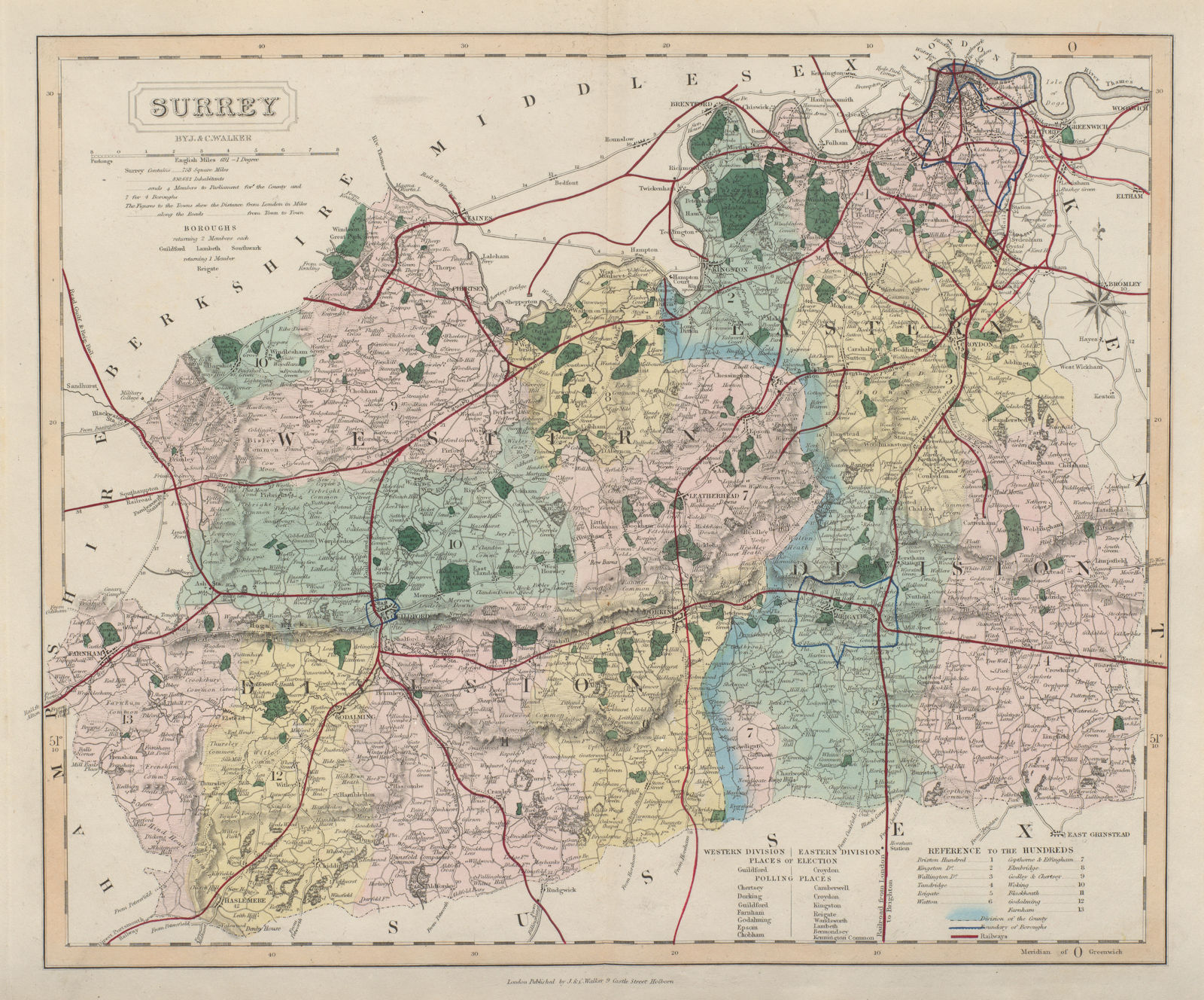 Surrey antique county map by J & C Walker. Railways & boroughs 1868 old