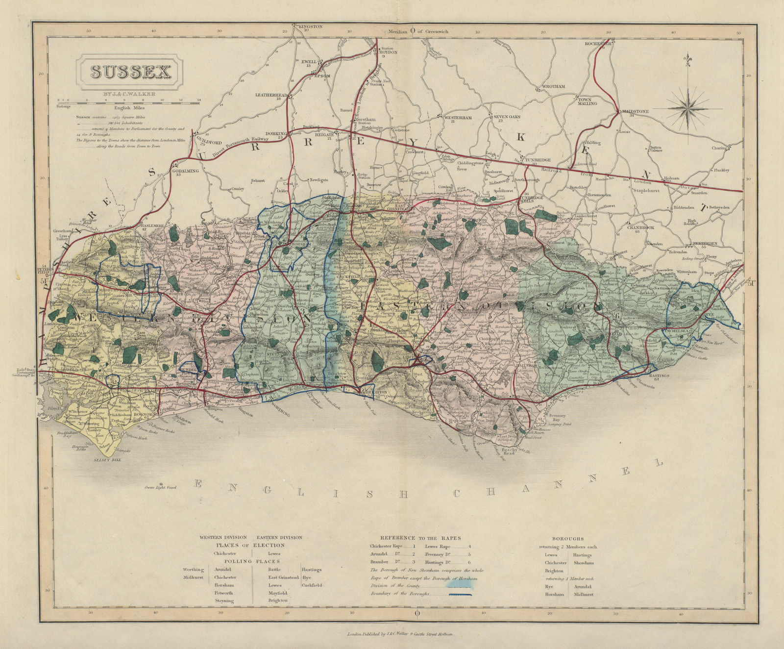 Associate Product Sussex antique county map by J & C Walker. Railways & boroughs 1868 old