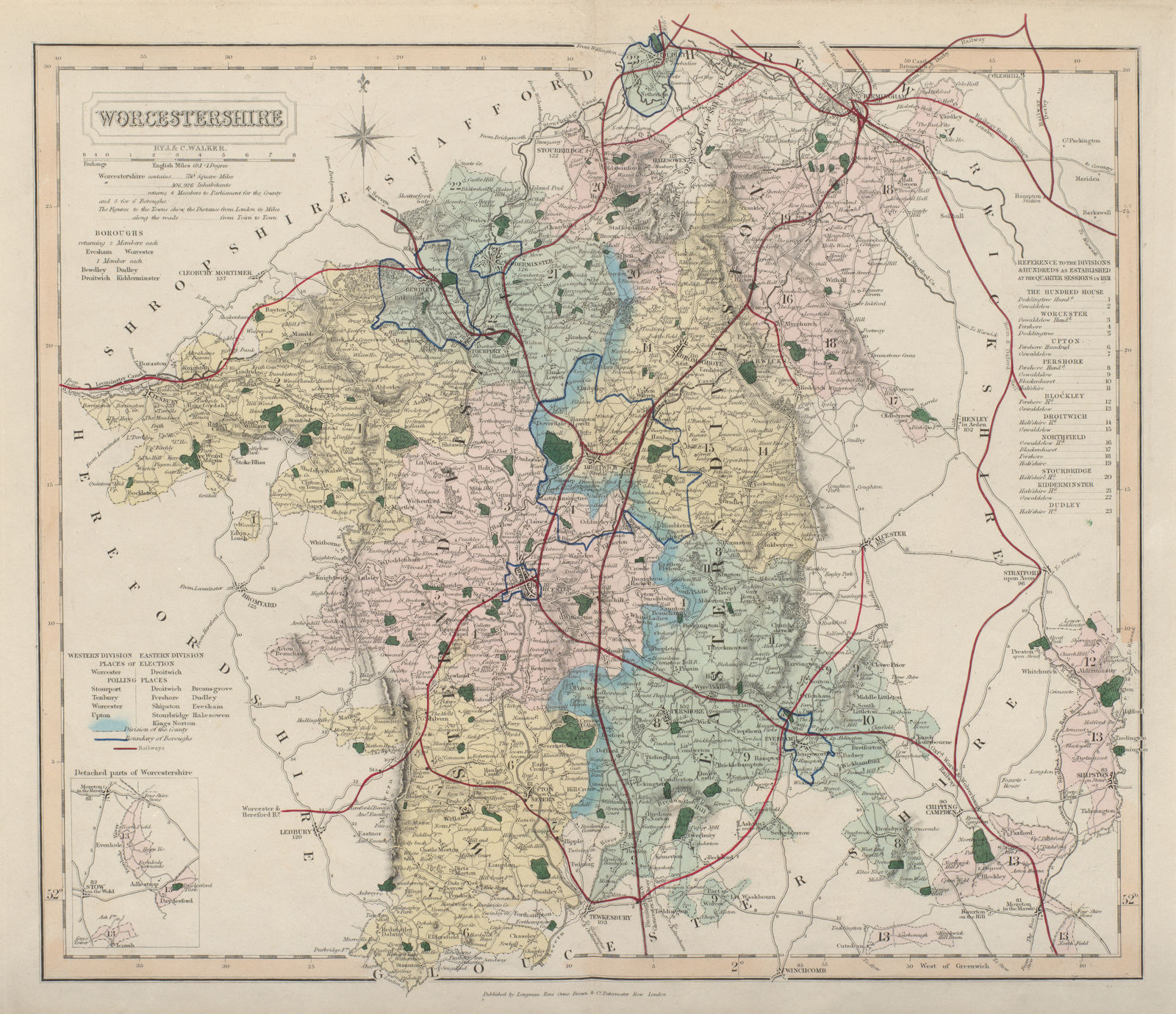 Worcestershire antique county map by J & C Walker. Railways & boroughs 1868
