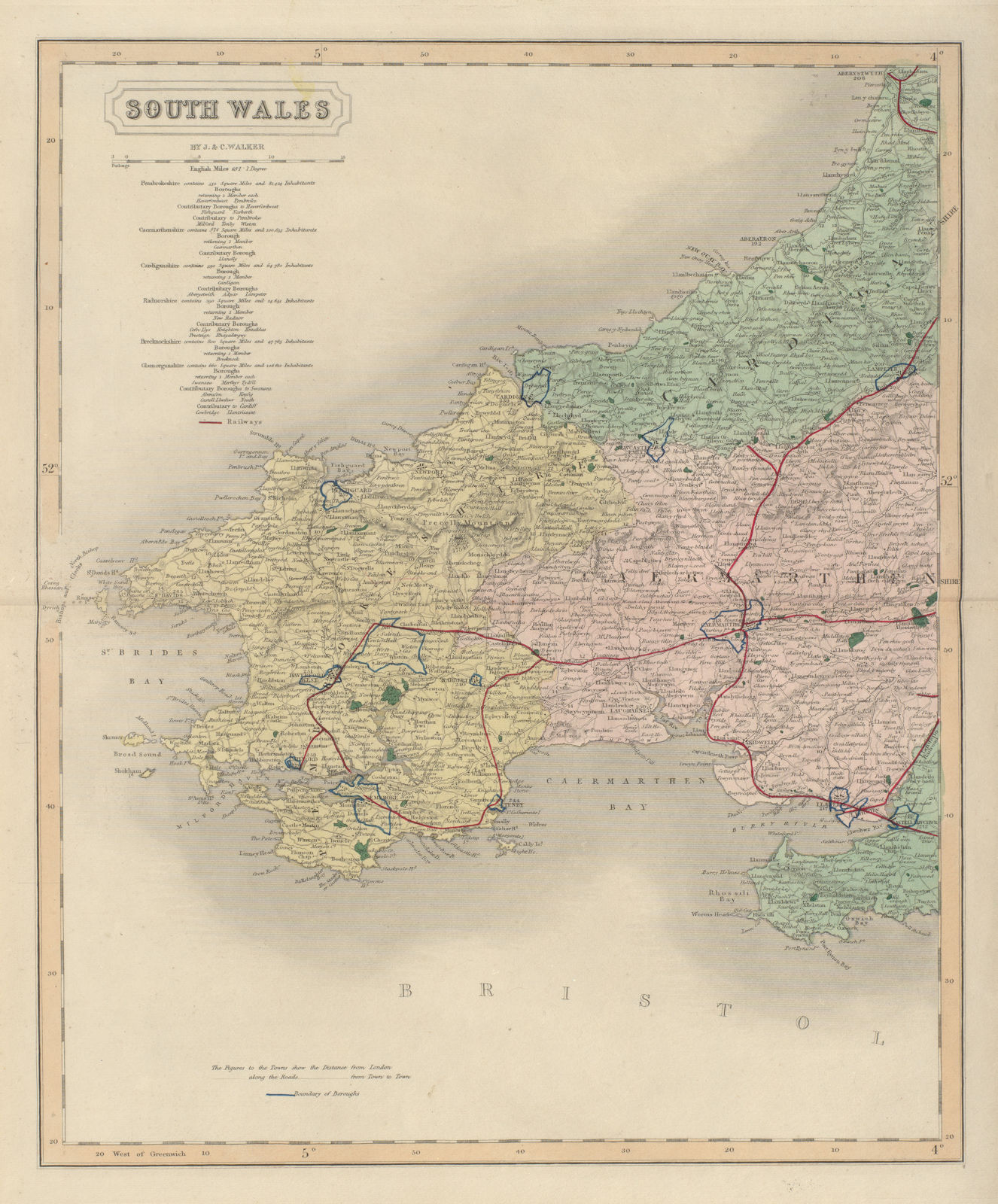 South west Wales antique map. WALKER. Pembrokeshire Cardigan Carmarthen 1868