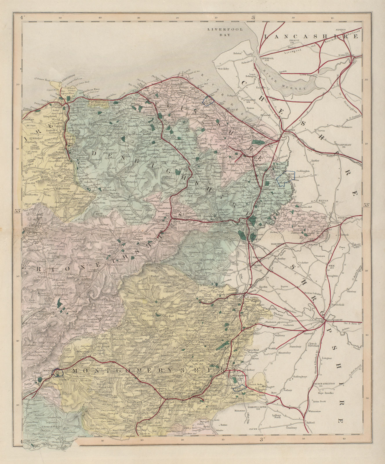 Associate Product Denbigh Flint Merioneth Montgomeryshire antique map. WALKER. Railways 1868