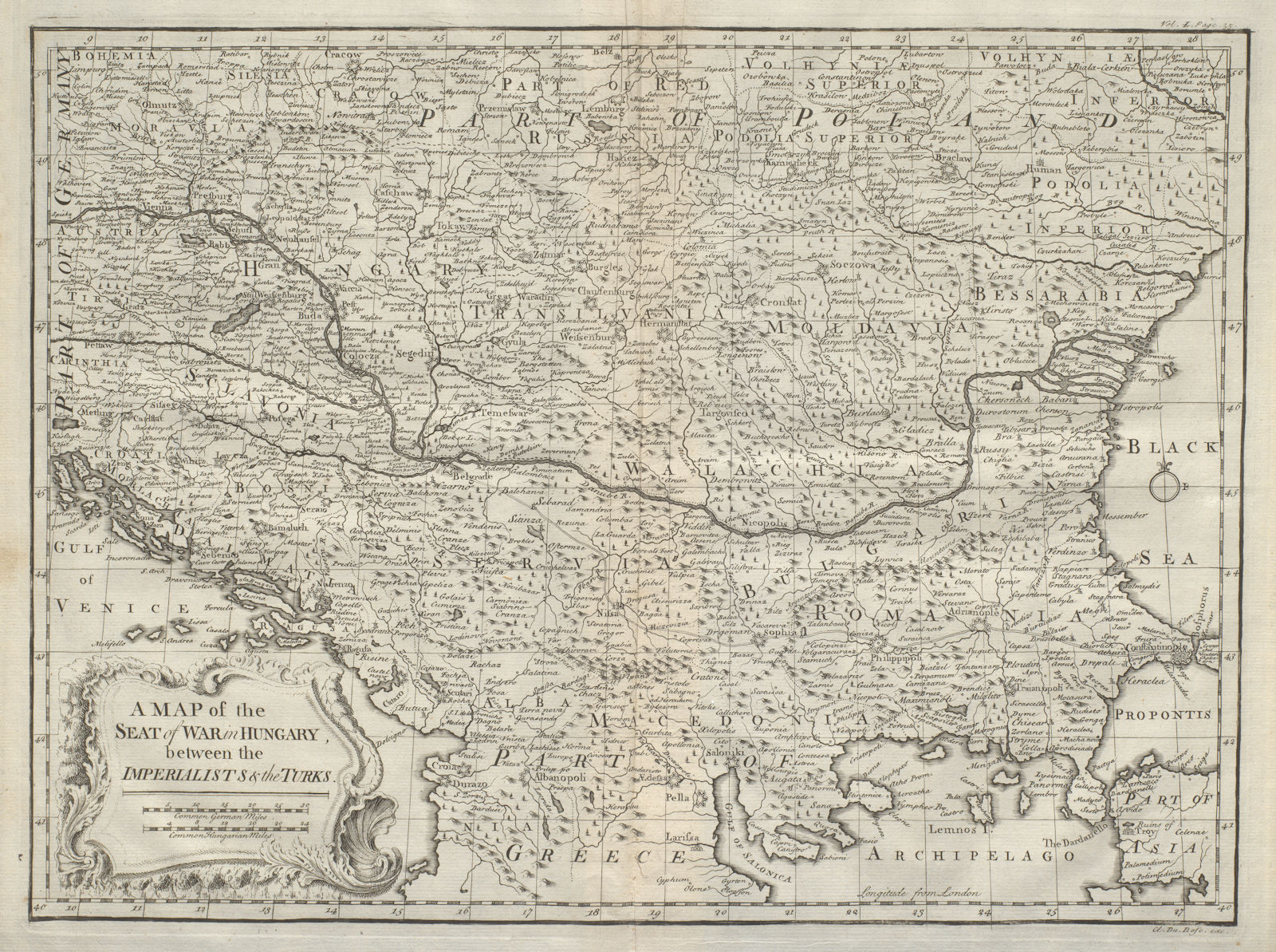 Associate Product Map of the seat of war in Hungary between Imperialists & Turks. DU BOSC 1736