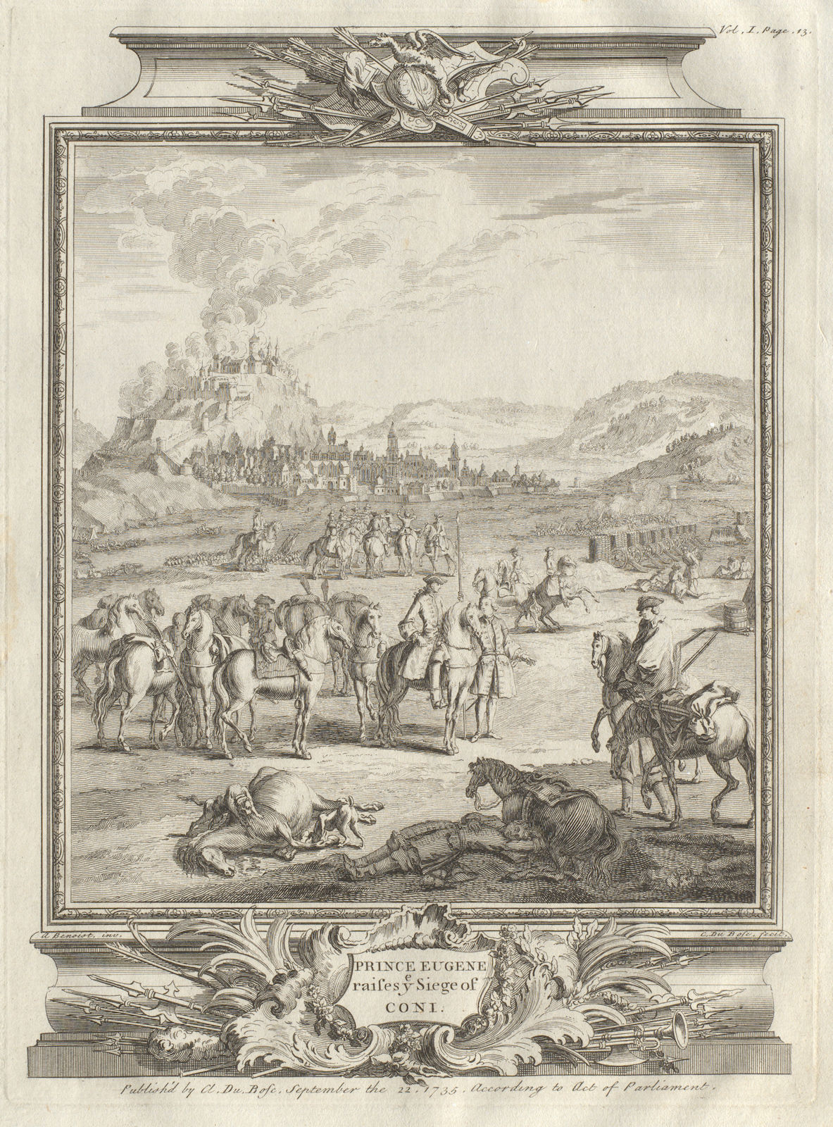 Prince Eugene raises ye Siege of Coni. Siege of Cuneo 1691, Italy 1736 print