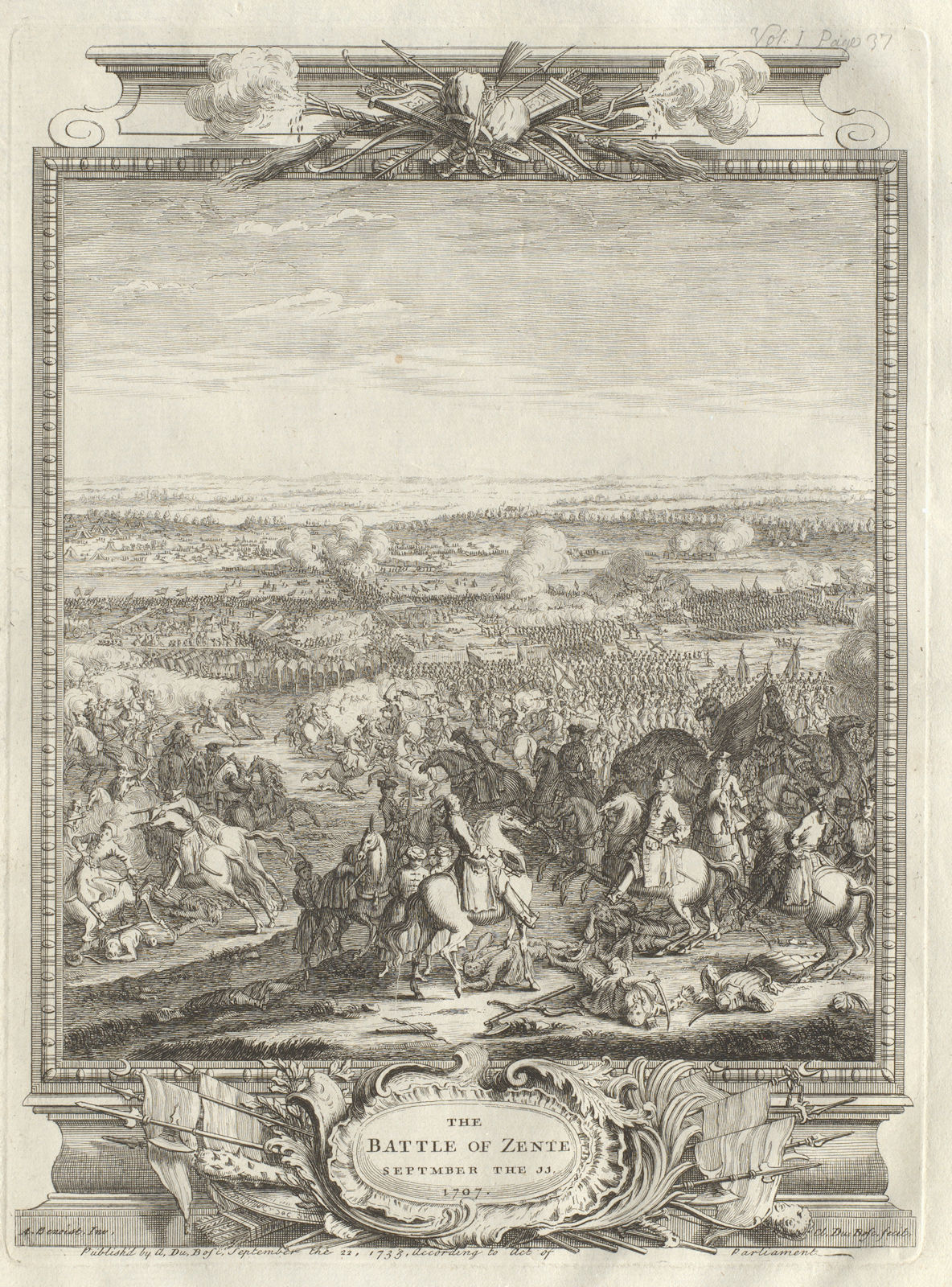 The Battle of Zente September the 11, 1707 [but 1697], Serbia 1736 old print