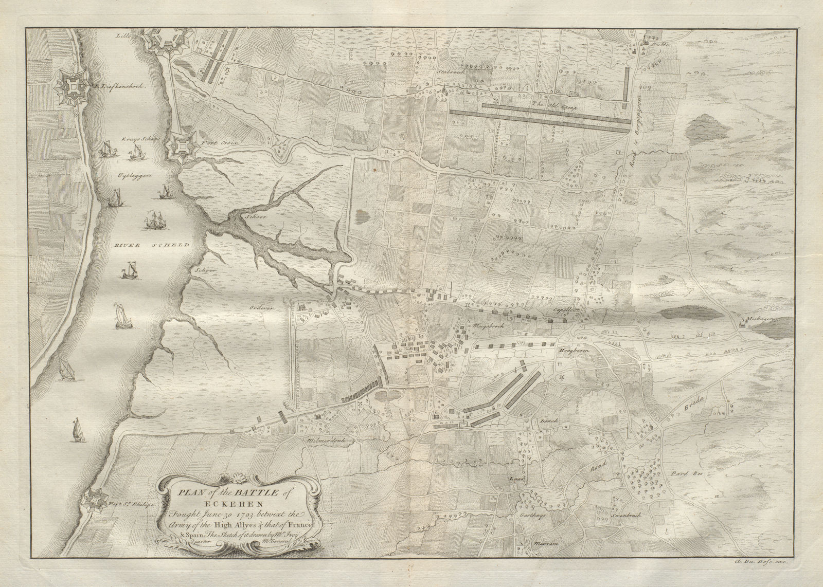 Plan of the Battle of Eckeren, 1703. Ekeren, Belgium. DU BOSC 1736 old map