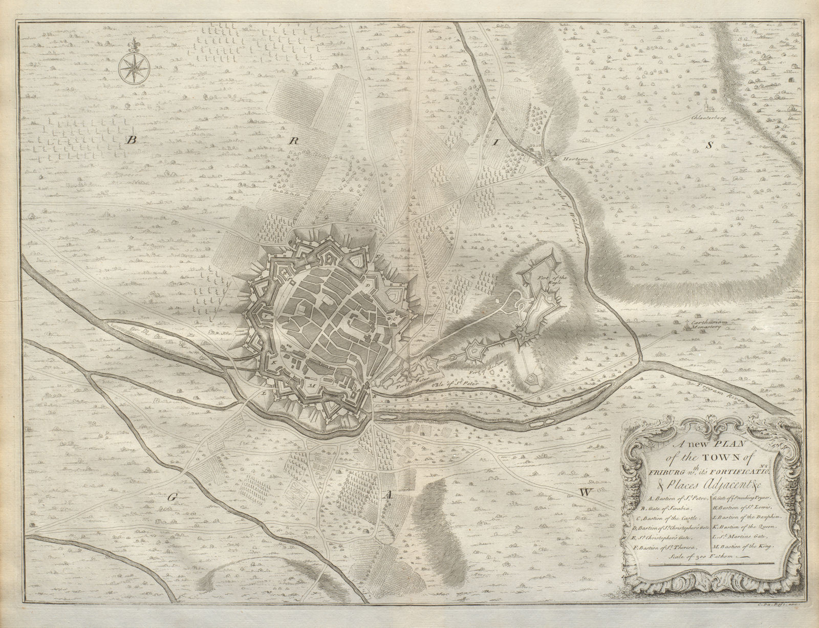 A new plan of the town of Friburg. Freiburg im Breisgau. DU BOSC 1736 old map