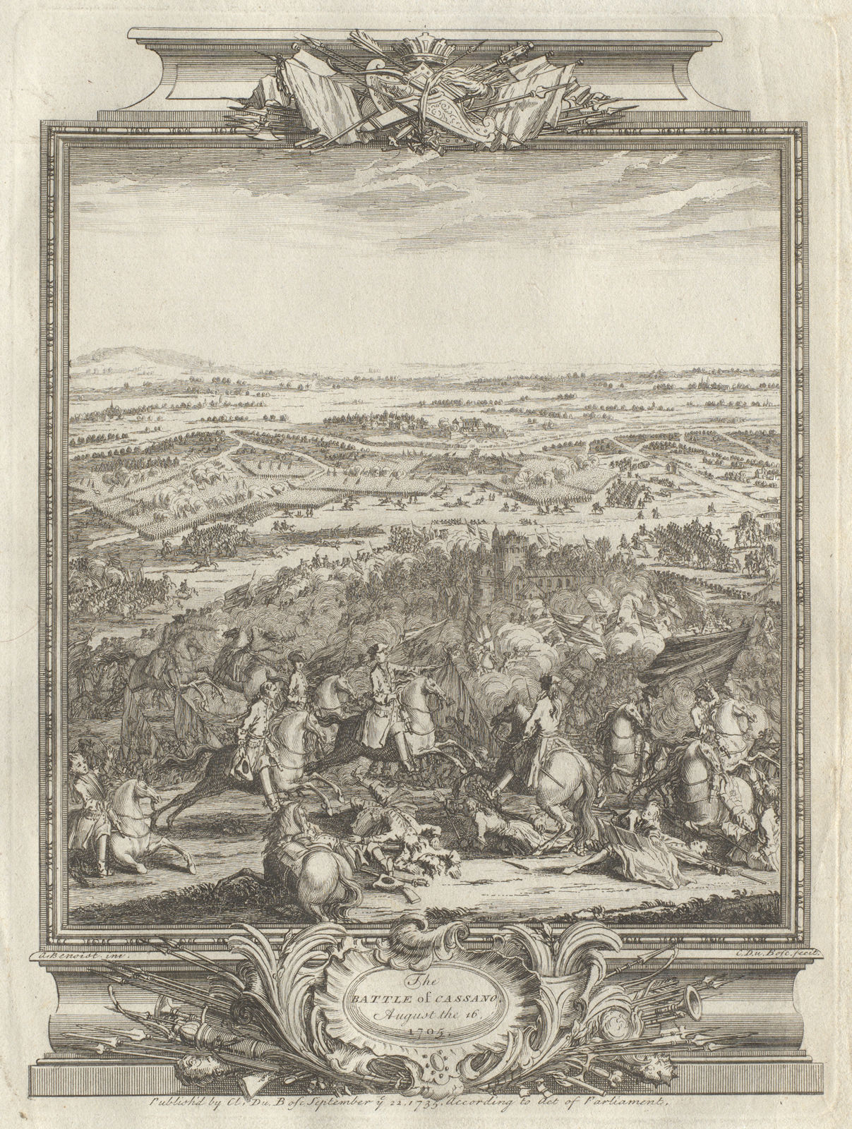 The Battle of Cassano August the 16, 1705. Cassano d'Adda, Lombardy 1736 print