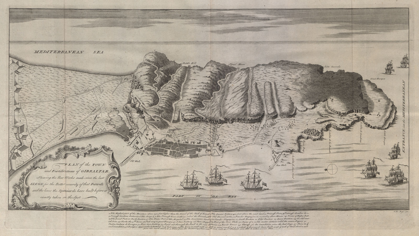 Associate Product Plan of the town and fortifications of Gibraltar. DU BOSC 1736 old antique map