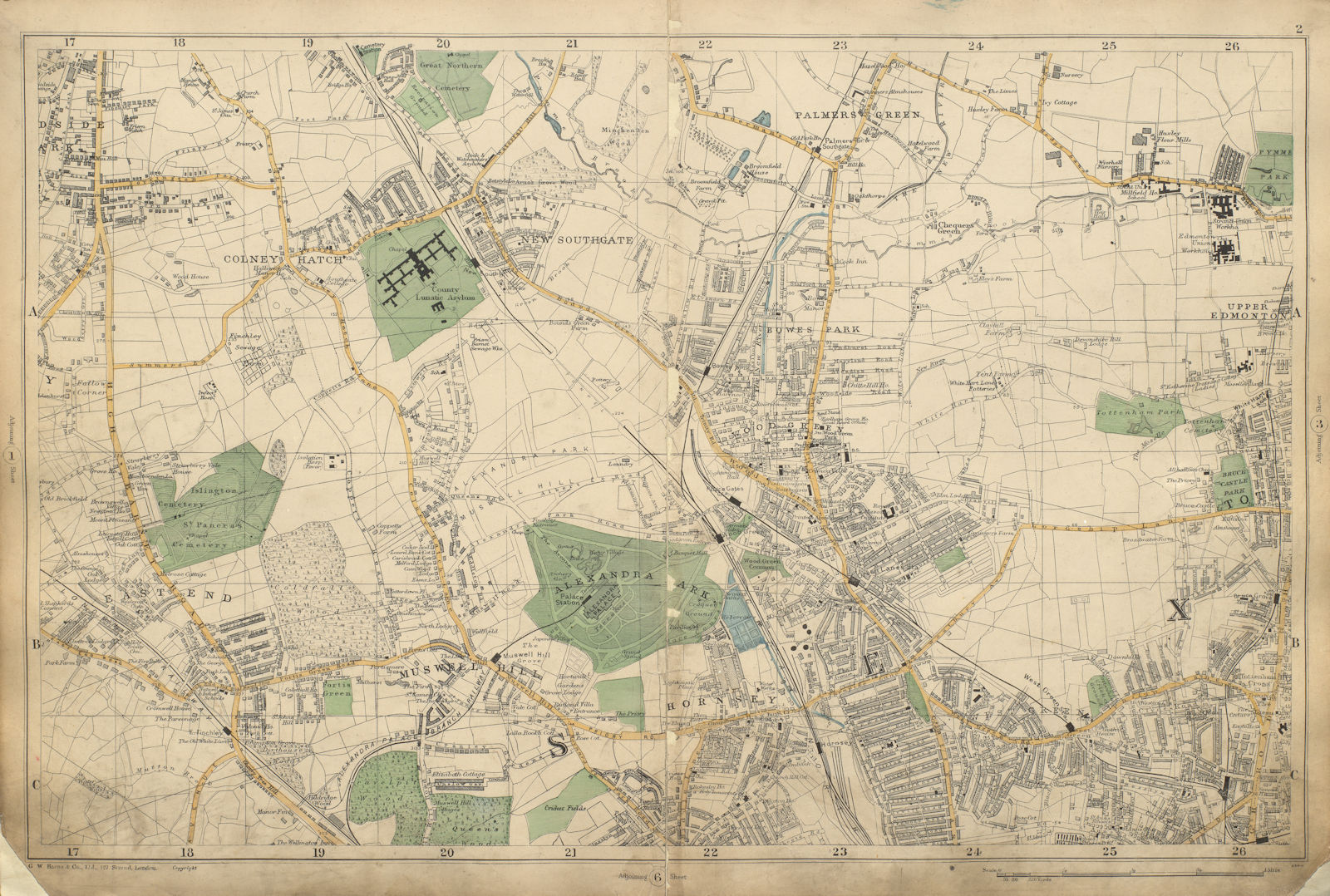 FRIERN BARNET/HORNSEY Palmers/Wood Green Muswell Hill Southgate BACON 1900 map