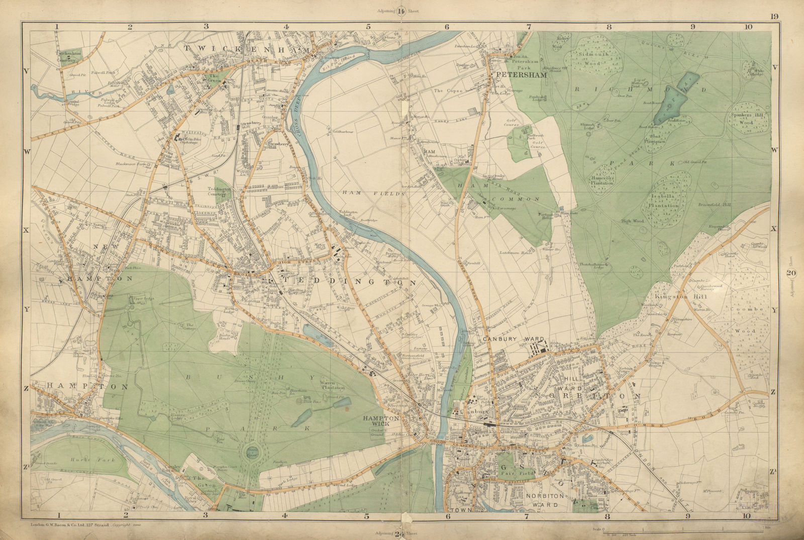 SW LONDON Twickenham Kingston Hampton Teddington Richmond BACON 1900 old map