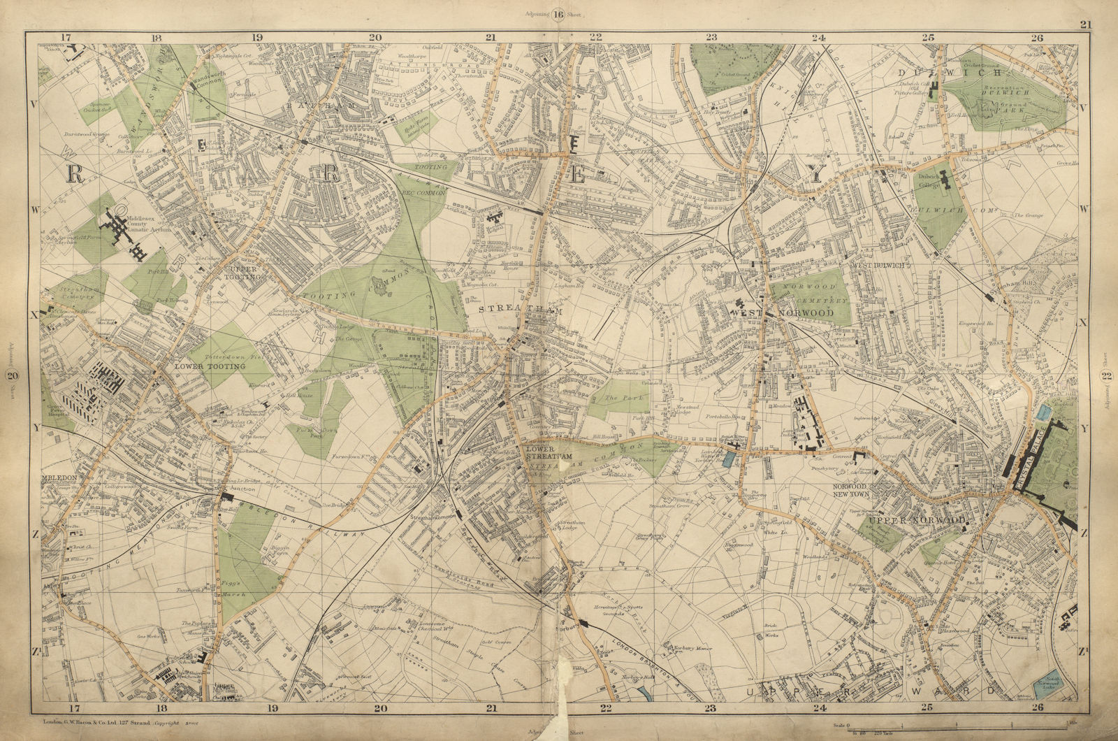 STREATHAM Mitcham Tooting Balham Streatham Norwood Dulwich BACON 1900 old map