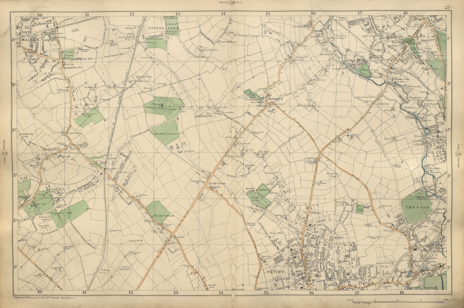 SUTTON Morden Carshalton New Malden Worcester Park Mitcham Cheam BACON 1900 map