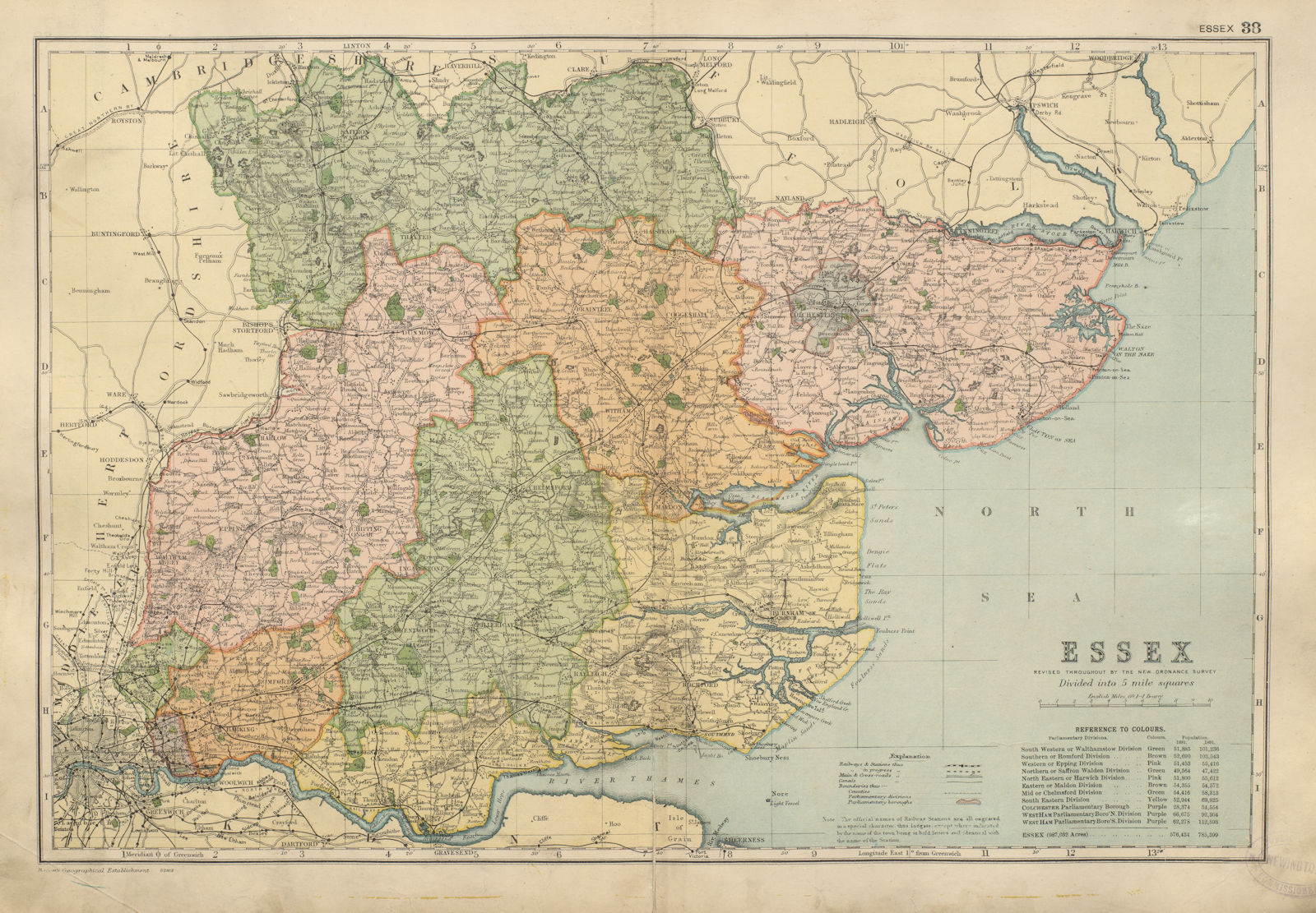 ESSEX County map Parliamentary constituencies railways divisions BACON 1900