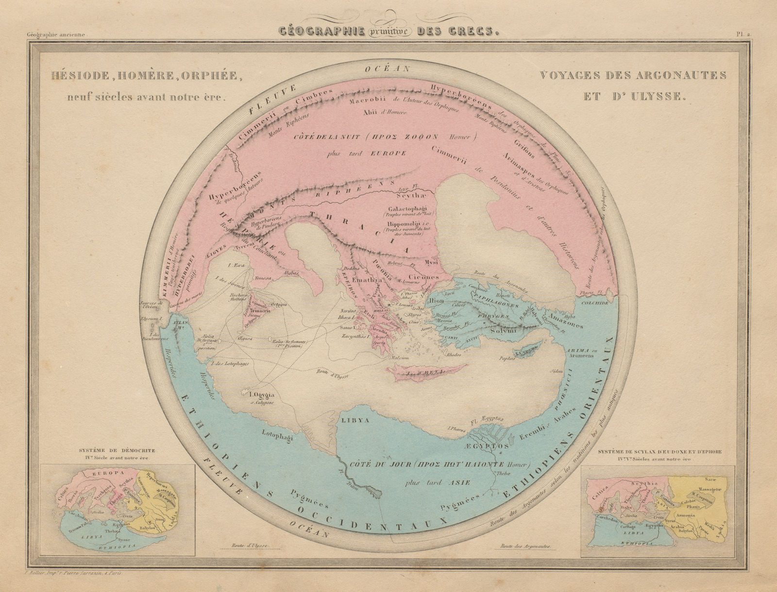 Ancient Greeks Hesiod Homer Orpheus world. Argonauts & Ulysses voyages c1871 map