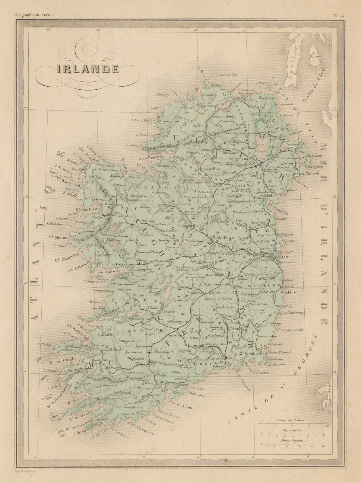 Irlande. Ireland. MALTE-BRUN c1871 old antique vintage map plan chart