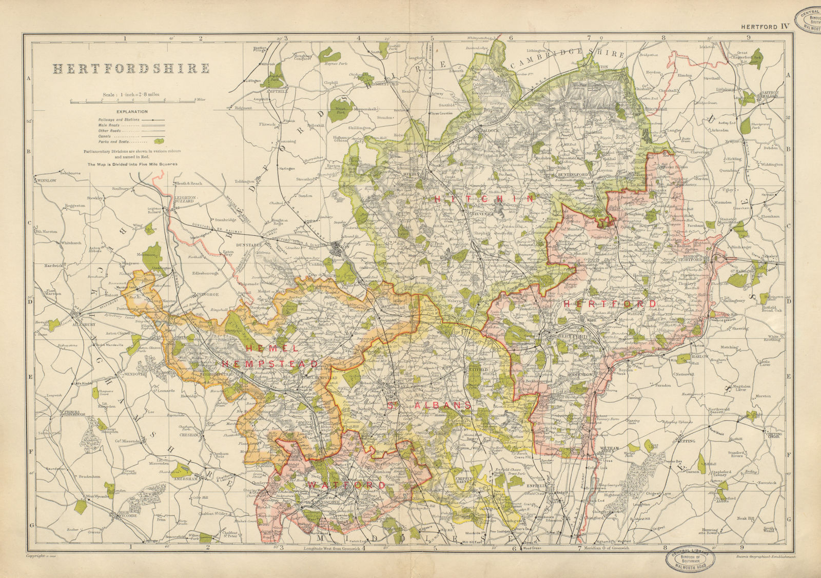 HERTFORDSHIRE. Showing Parliamentary divisions, parks & boroughs. BACON 1934 map