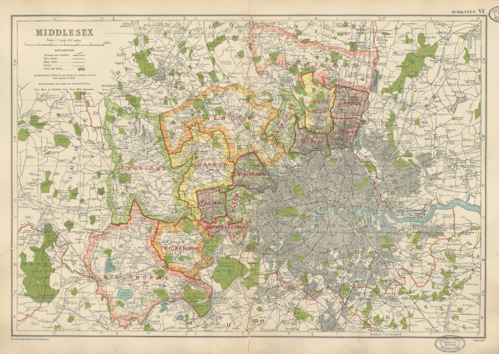 MIDDLESEX showing Parliamentary divisions parks boroughs.London.BACON 1934 map