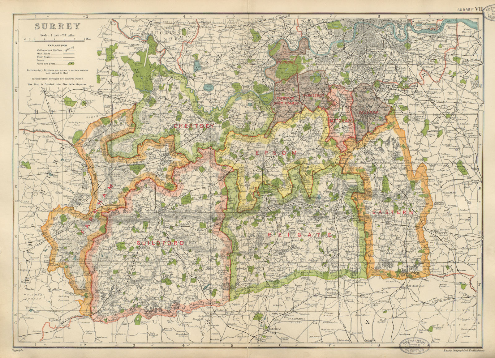 SURREY. Showing Parliamentary divisions, parks & boroughs. BACON 1934 old map