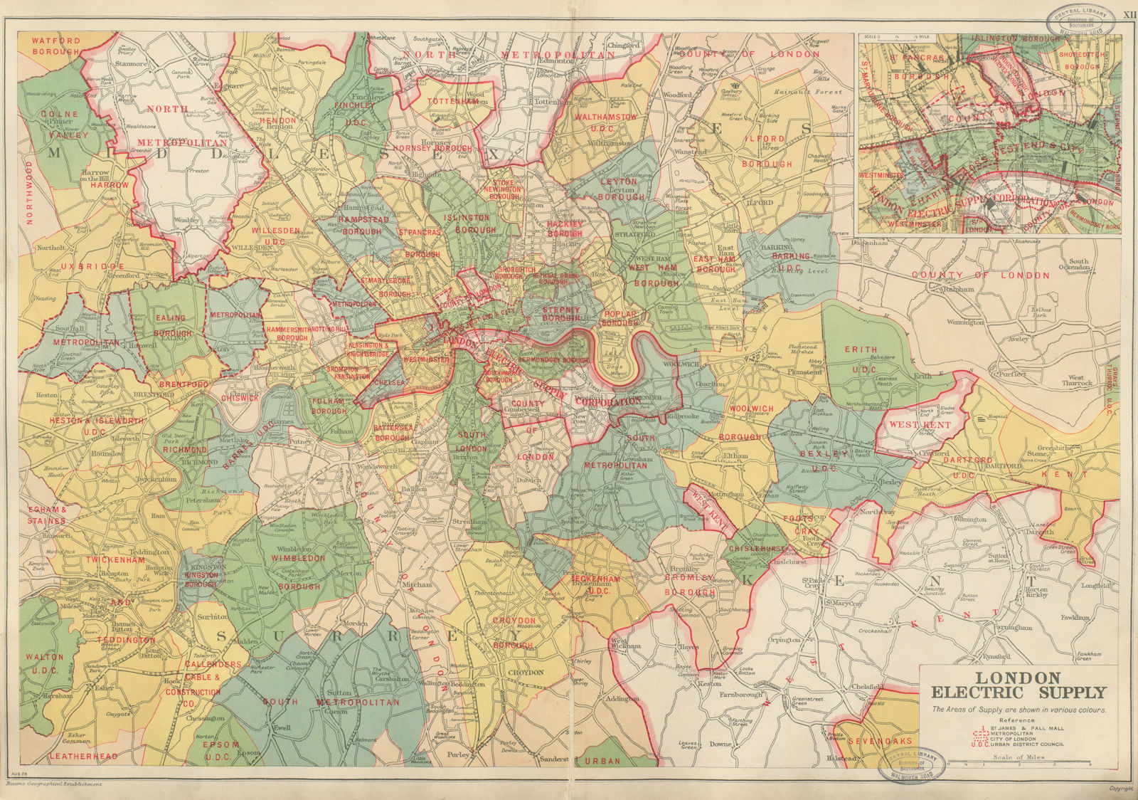 LONDON ELECTRICITY SUPPLY areas & Cos. Metropolitan. Corporation. BACON 1934 map