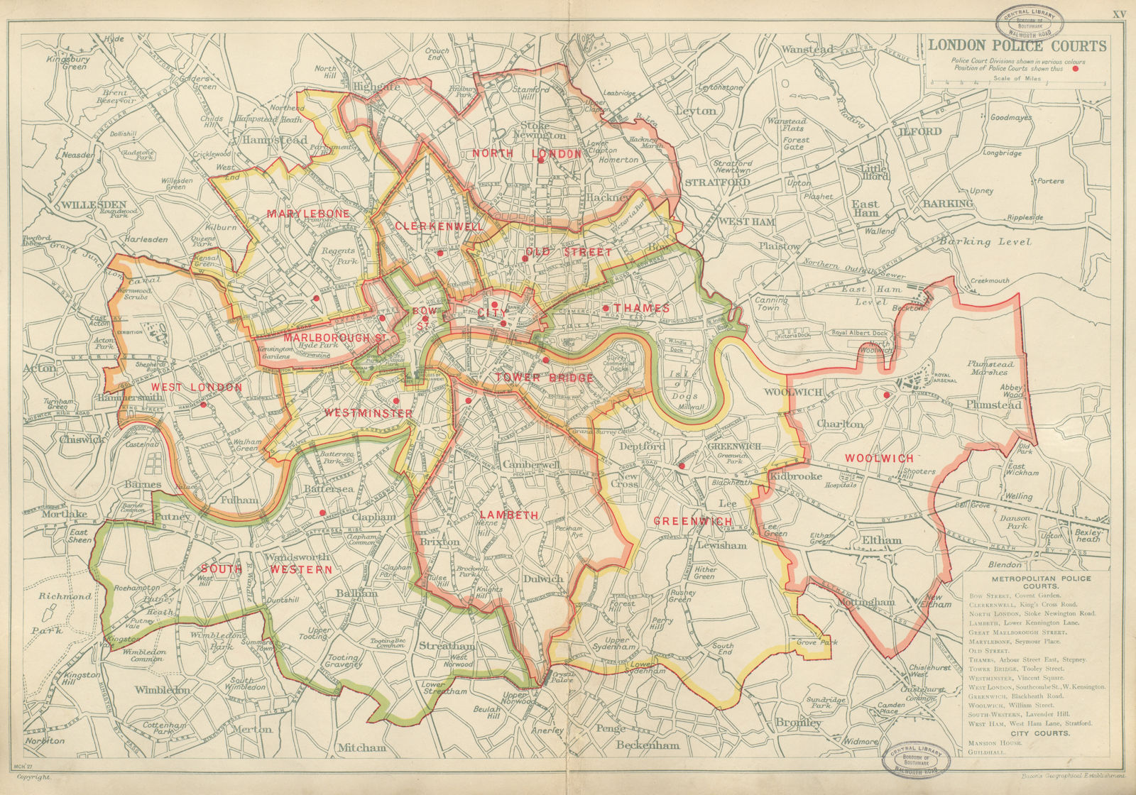 Associate Product LONDON POLICE COURTS with divisions & court locations. BACON 1934 old map