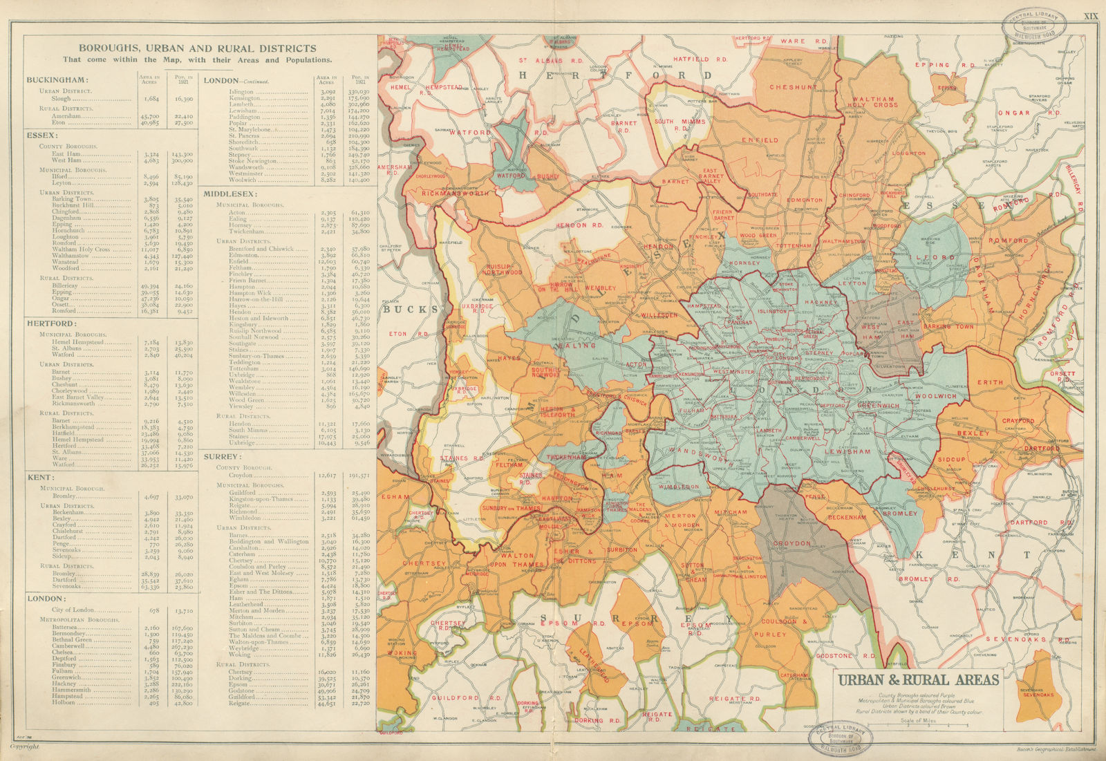 LONDON. Municipal Boroughs, Urban Districts & Rural areas. BACON 1934 old map