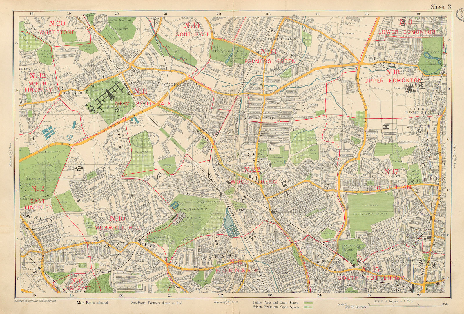N LONDON Hornsey Edmonton Muswell Hill Tottenham Southgate. BACON 1934 old map