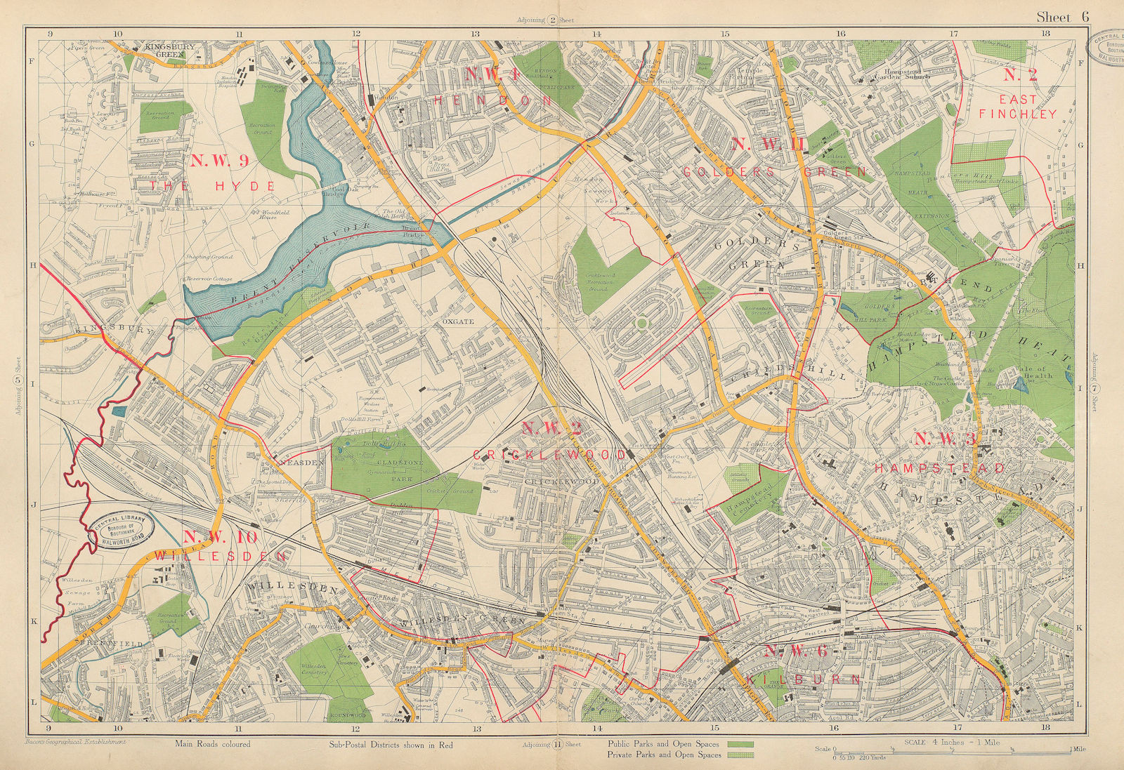 NW LONDON Cricklewood Hampstead Willesden Golders Green Hendon. BACON 1934 map