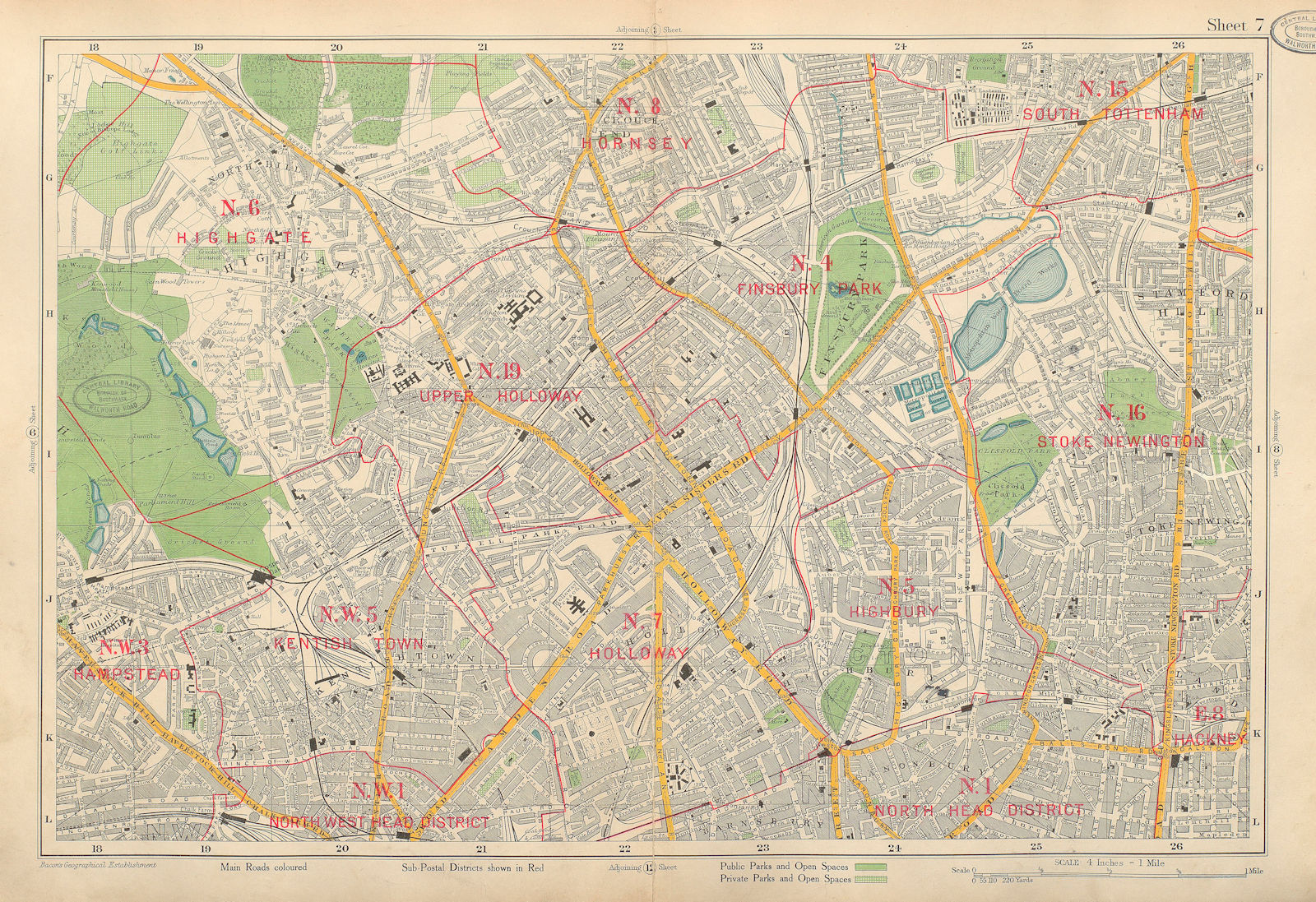 Associate Product N LONDON Finsbury Park Holloway Highgate Stoke Newington Camden. BACON 1934 map