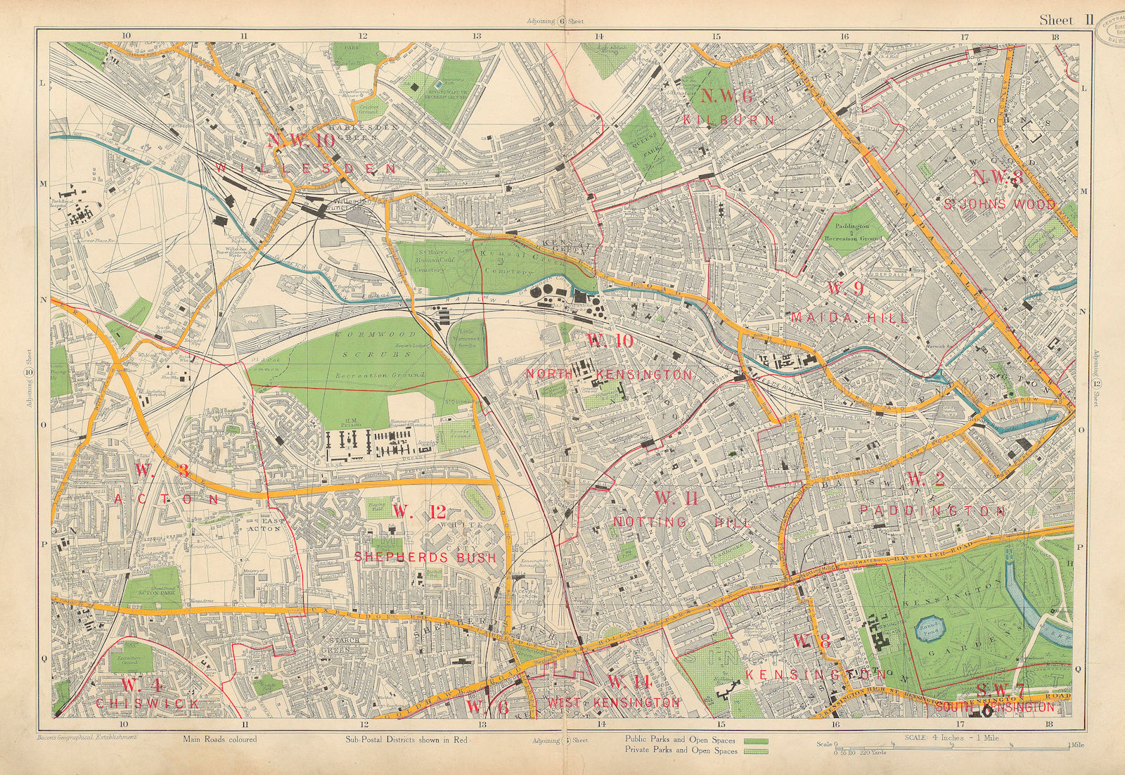 W LONDON Bayswater Kilburn Maida Vale Notting Hill Shepherds Bush.BACON 1934 map