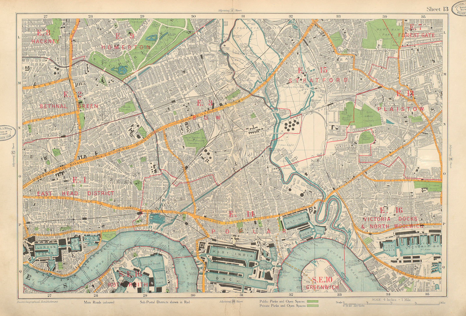 LONDON EAST END Bethnal Grn Bow Stepney West Ham Stratford Poplar BACON 1934 map