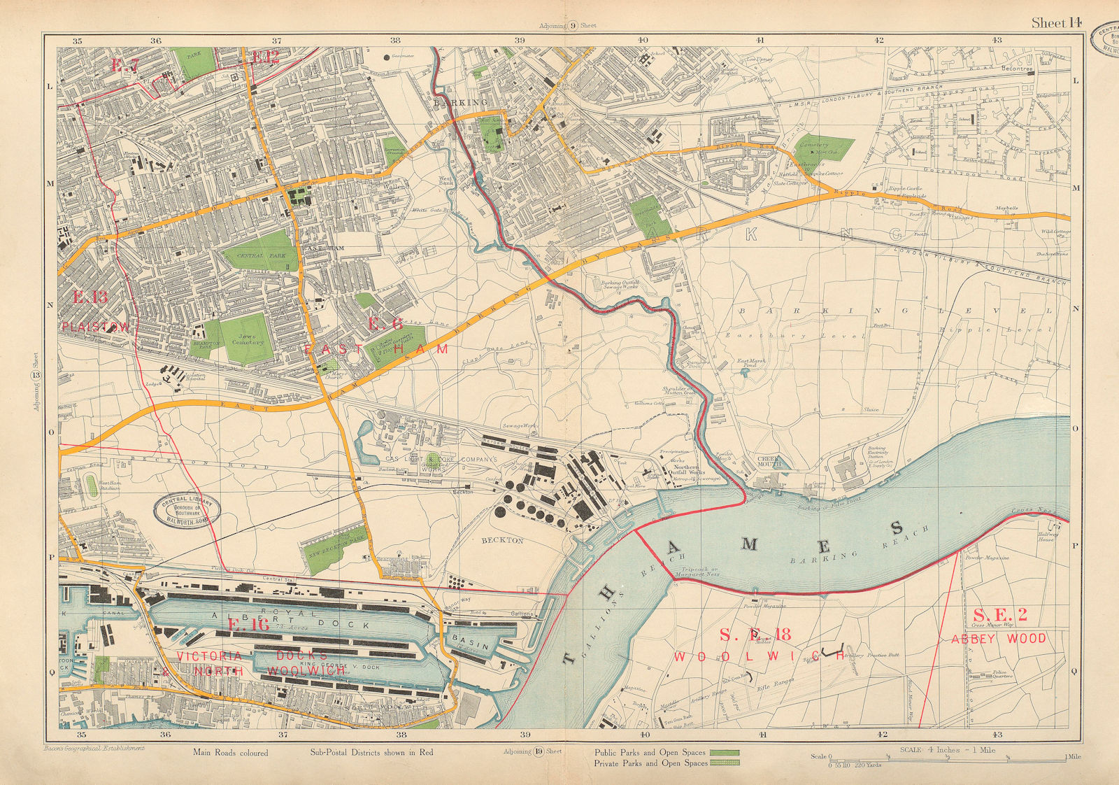 EAST HAM BARKING Plaistow Royal Docks Beckton North Woolwich. BACON 1934 map